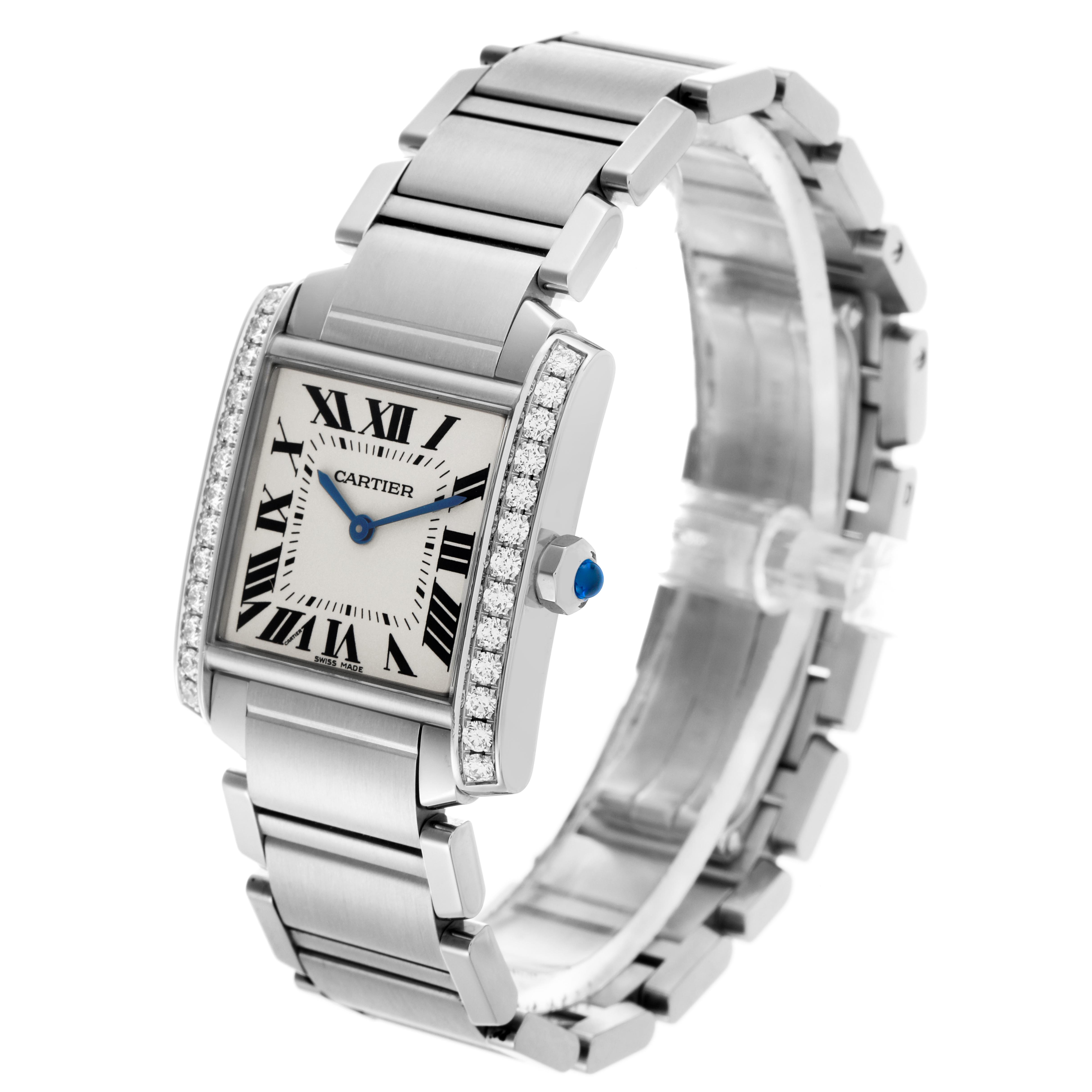 The Cartier Tank Française watch is shown at a three-quarter angle, displaying the bracelet, case, and diamond-set bezel.