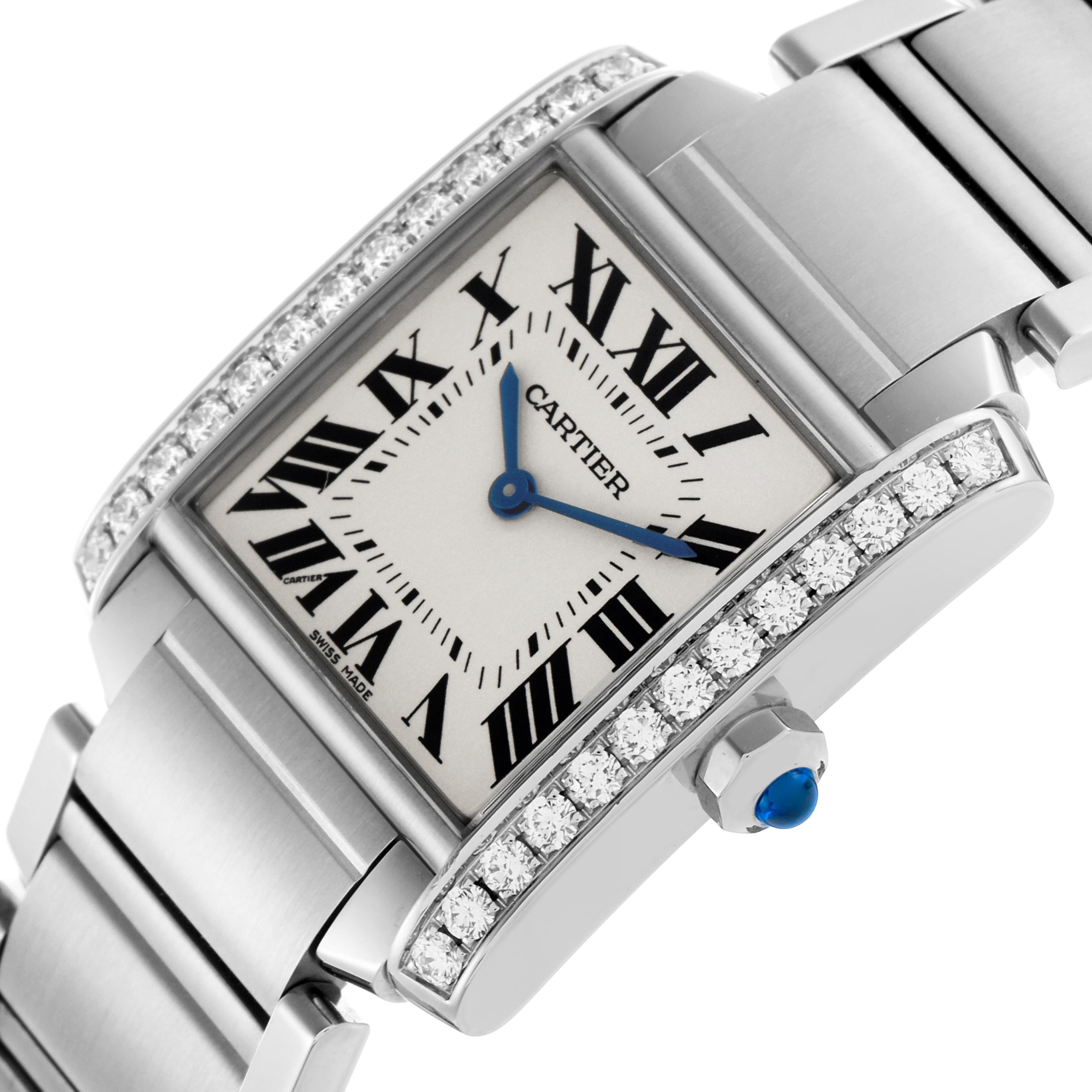 The Cartier Tank Française watch is shown at an angled view, highlighting its face, bracelet, and diamond-encrusted edges.