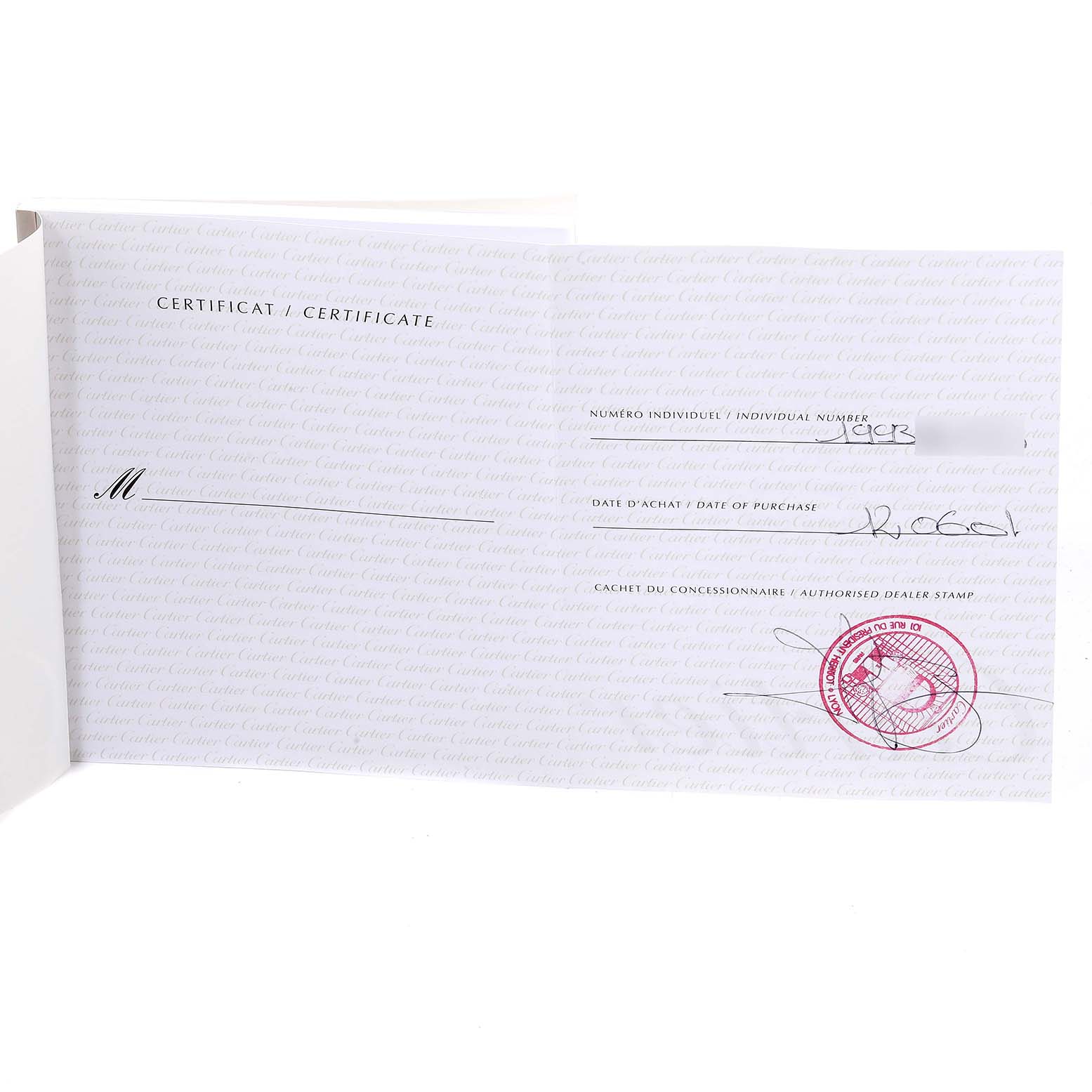 This image shows the warranty or authenticity certificate for the Cartier Tank Francaise W5000256 Women's Yellow Gold Silver Dial W5000256 Women's Yellow Gold Silver Dial watch, displaying purchase details and dealer's stamp.