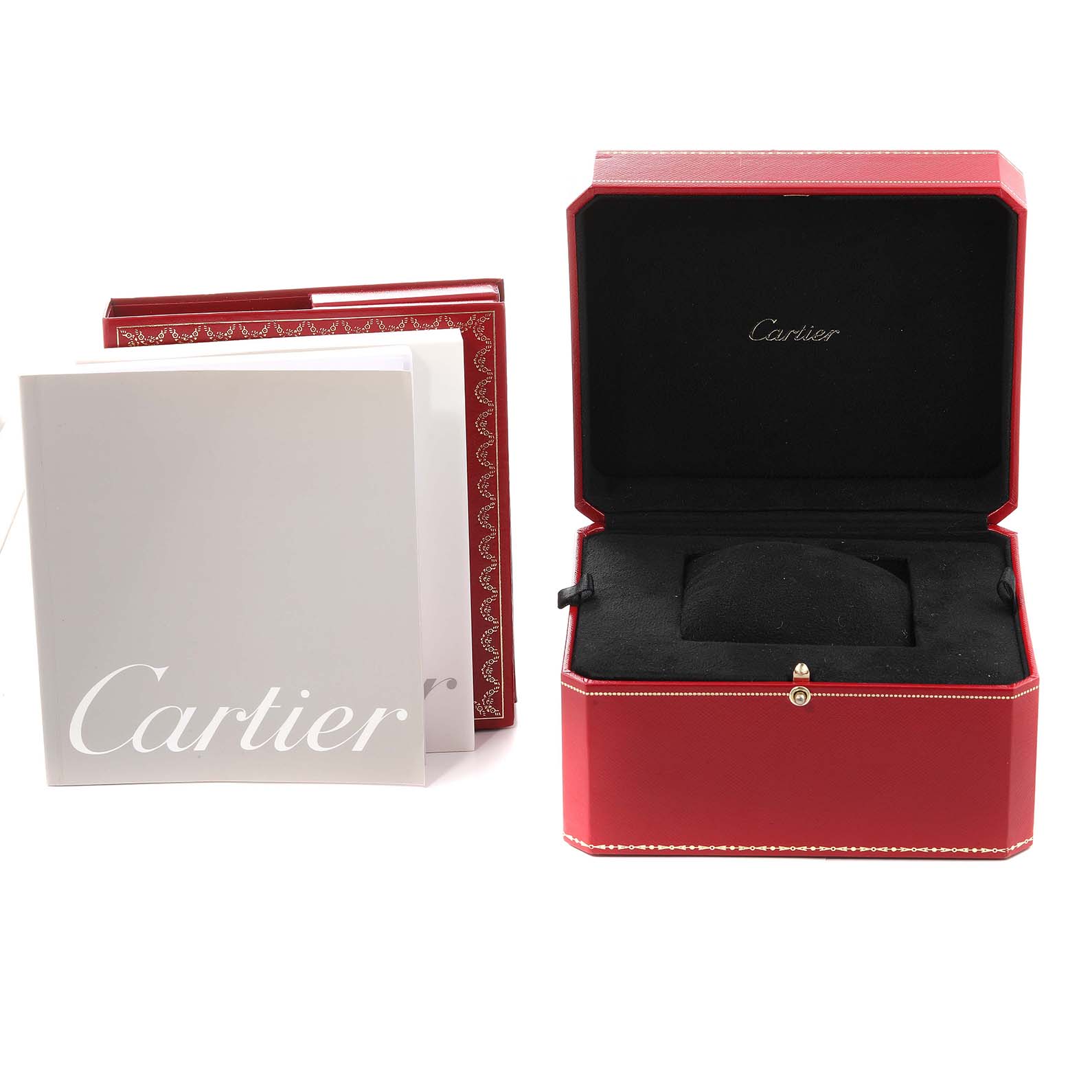The image shows the packaging and accessories for a Cartier Tank Francaise W5000256 Women's Yellow Gold Silver Dial W5000256 Women's Yellow Gold Silver Dial watch, including an open red watch box and booklets.
