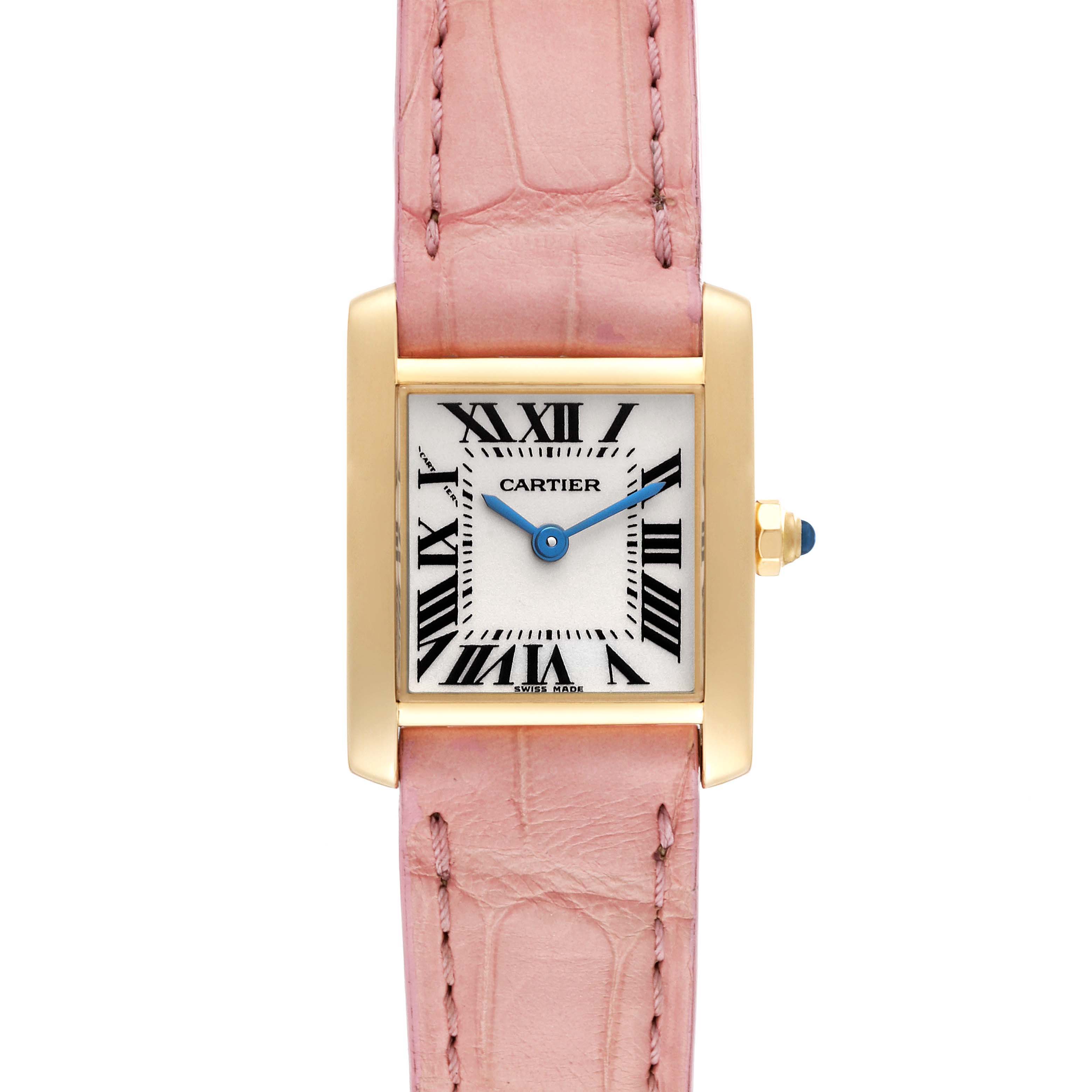 The image shows a frontal view of the Cartier Tank Française watch with a pink leather strap and gold casing.