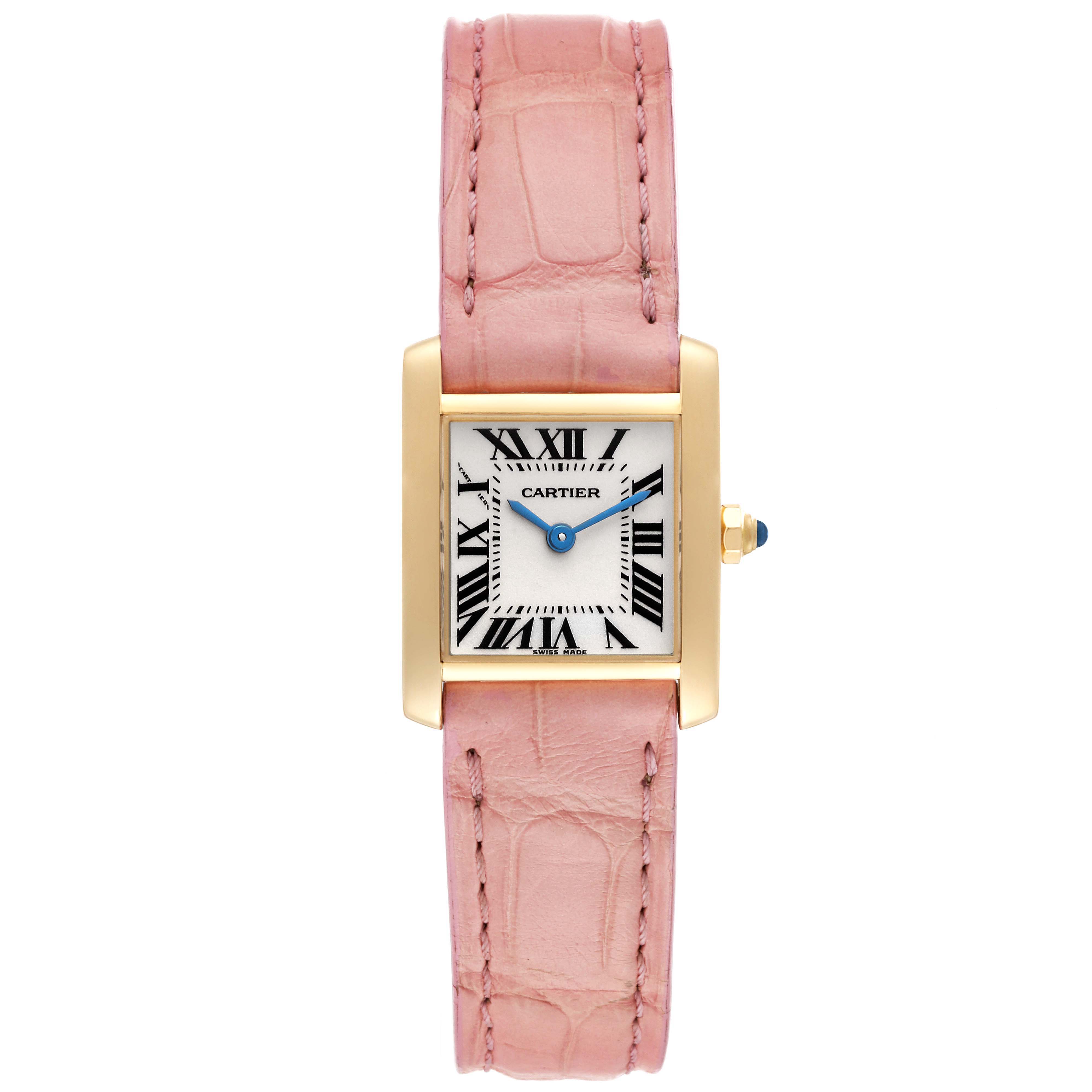 The Cartier Tank Francaise W5000256 Women's Yellow Gold Silver Dial W5000256 Women's Yellow Gold Silver Dial watch is shown from a front angle, highlighting its rectangular face and pink leather strap.