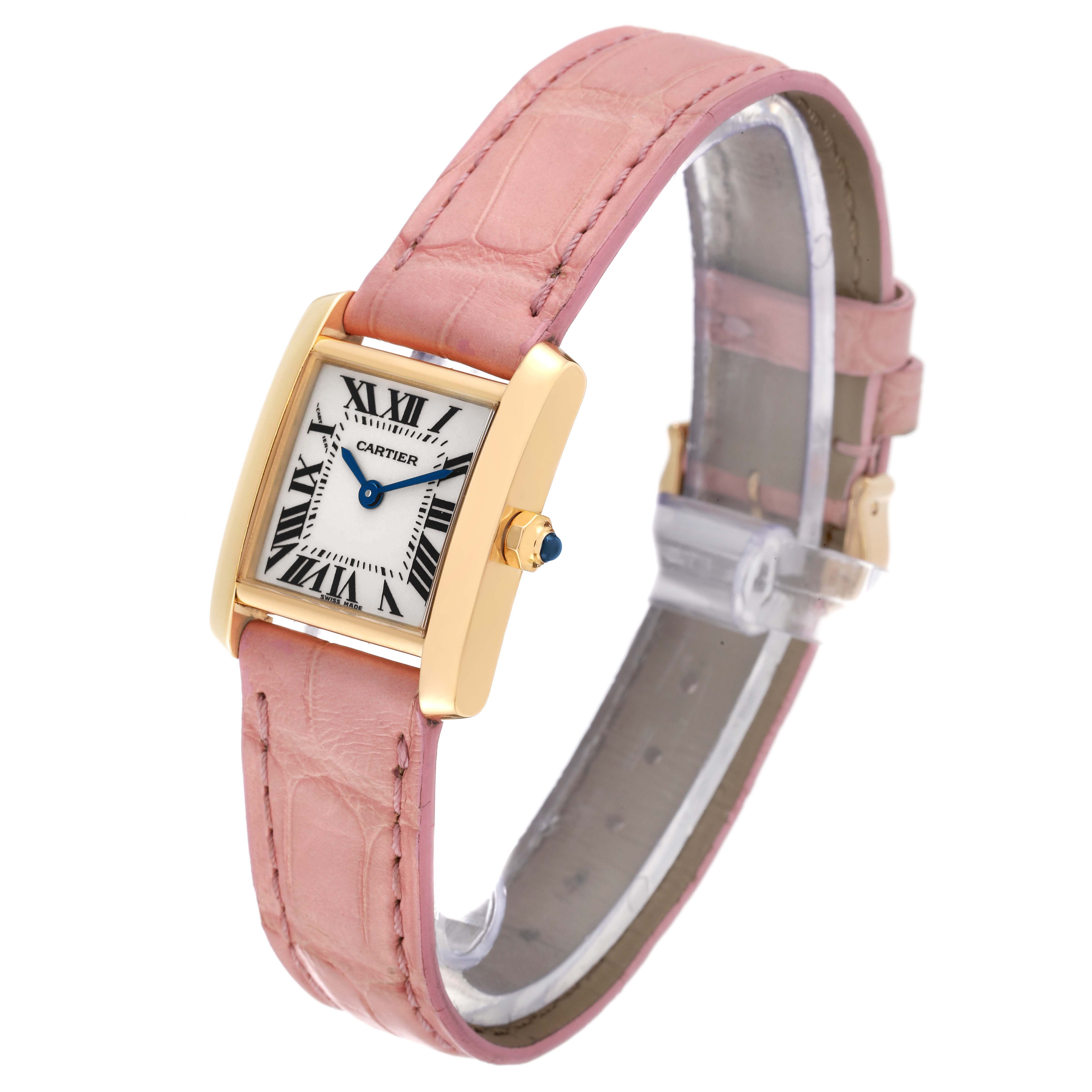 The image shows a Cartier Tank Francaise W5000256 Women's Yellow Gold Silver Dial W5000256 Women's Yellow Gold Silver Dial watch from a front angle, highlighting its rectangular face and pink leather strap.