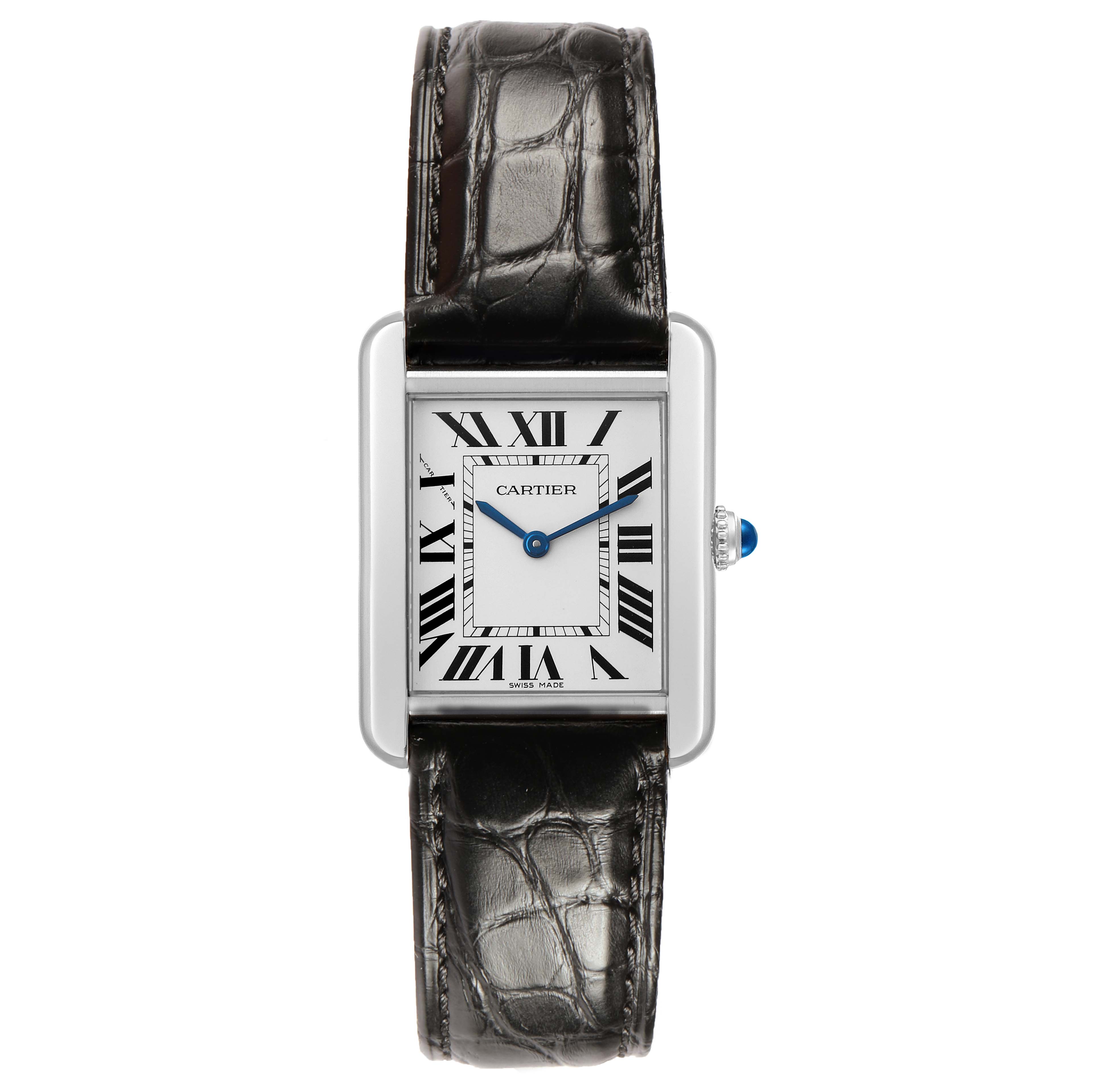 The Cartier Tank Solo WSTA0028 Men's Stainless Steel Silver Dial watch is shown from the front, displaying its face, Roman numerals, and leather strap.