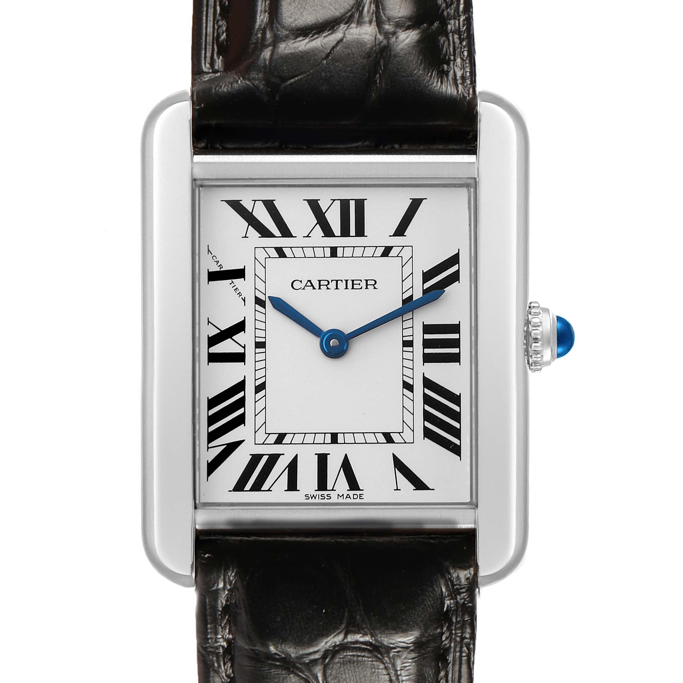 The Cartier Tank Solo WSTA0028 Men's Stainless Steel Silver Dial watch is shown from the front, displaying its rectangular face, Roman numerals, and leather strap.