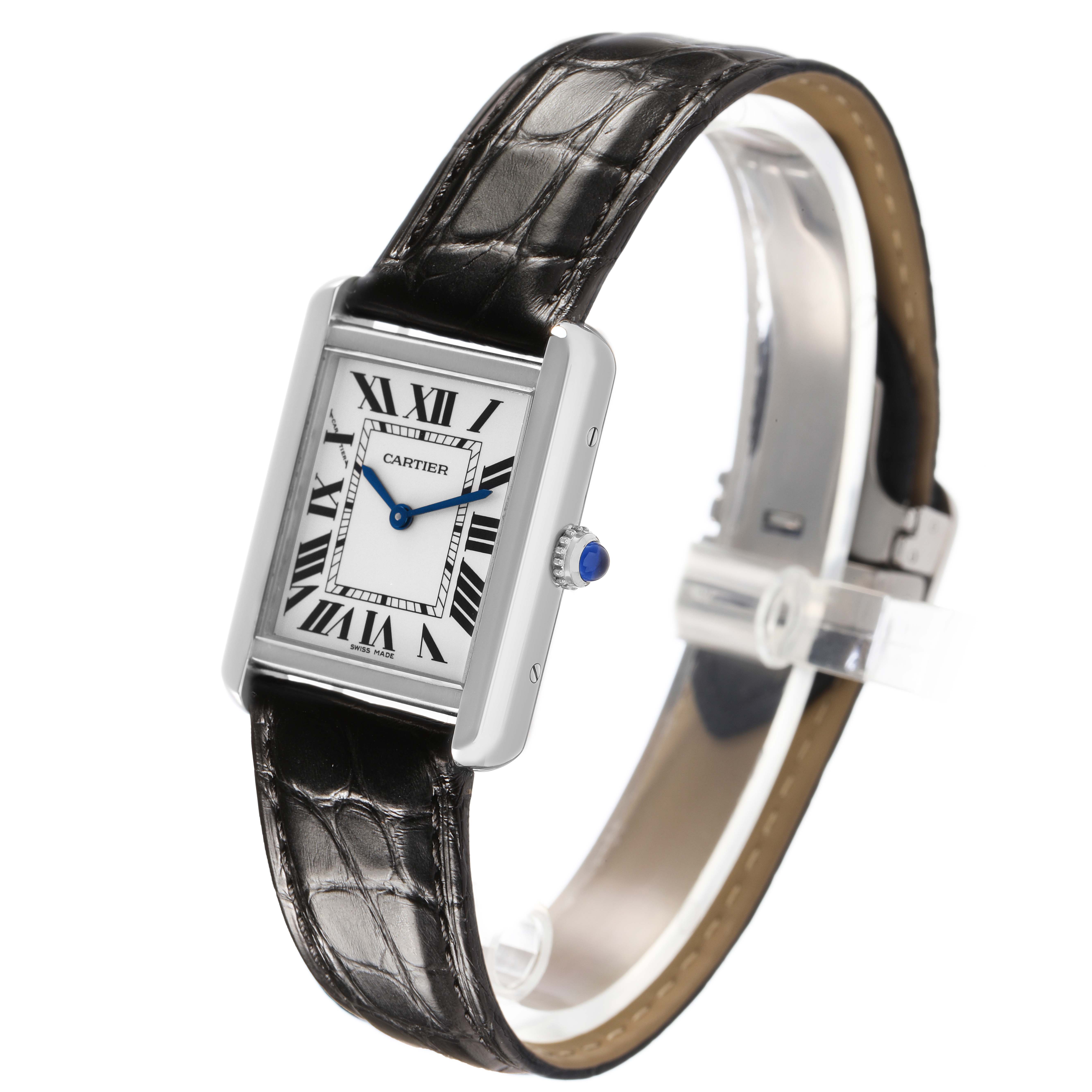 The Cartier Tank Solo WSTA0028 Men's Stainless Steel Silver Dial watch is shown at a three-quarter angle, highlighting the face, crown, and leather strap.