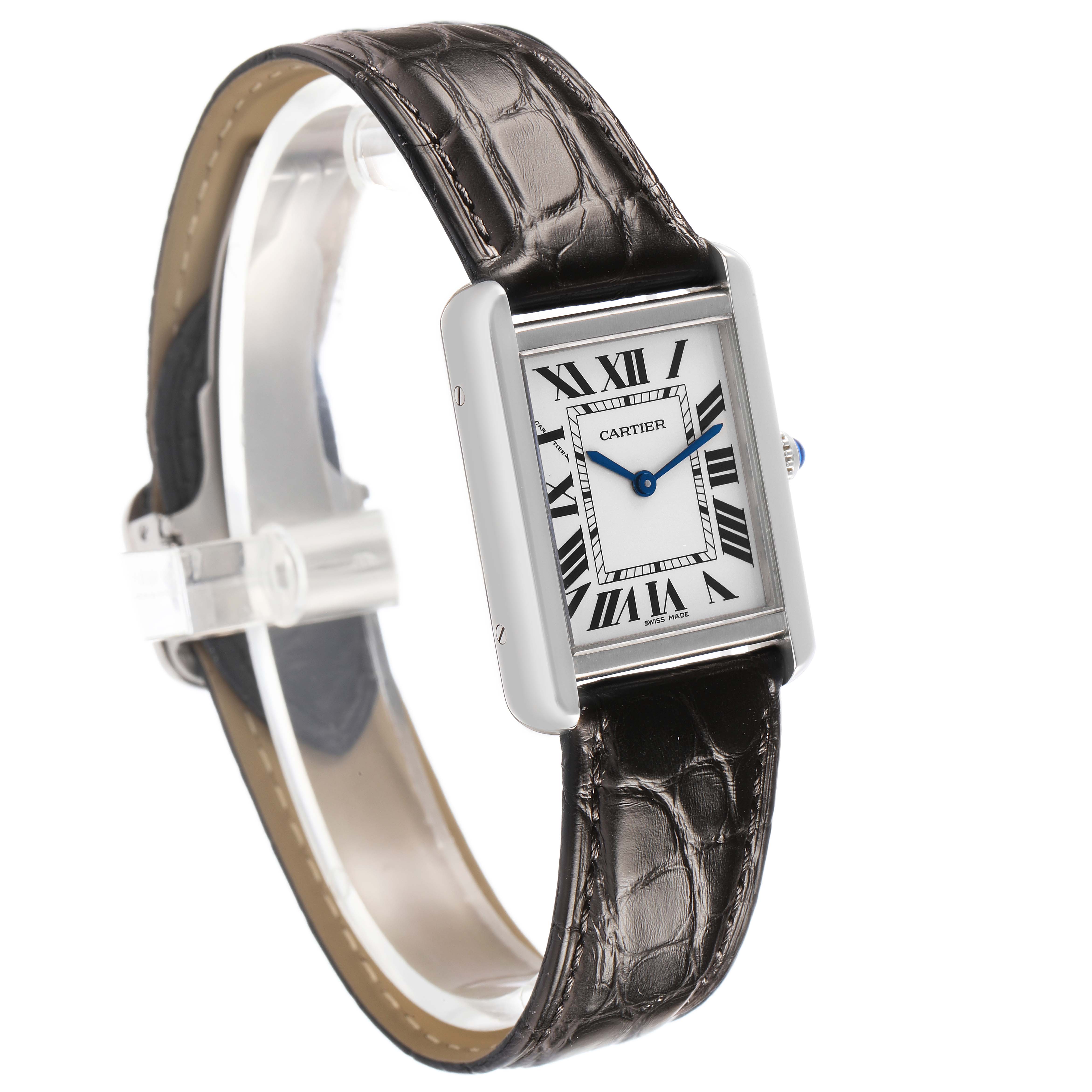 The Cartier Tank Solo WSTA0028 Men's Stainless Steel Silver Dial watch is shown at a side angle, highlighting the face, case, and leather strap.