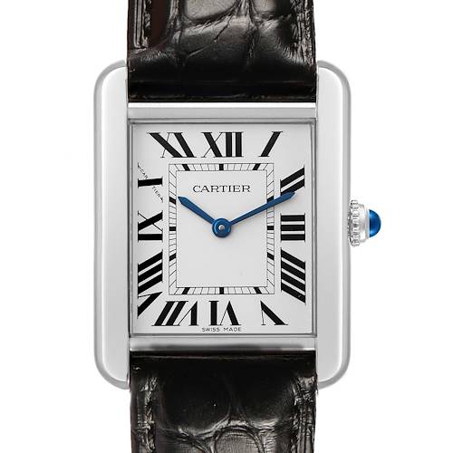 The image shows a Cartier Tank Solo WSTA0028 Men's Stainless Steel Silver Dial watch face with a rectangular case, Roman numerals, blue hands, and a black leather strap.