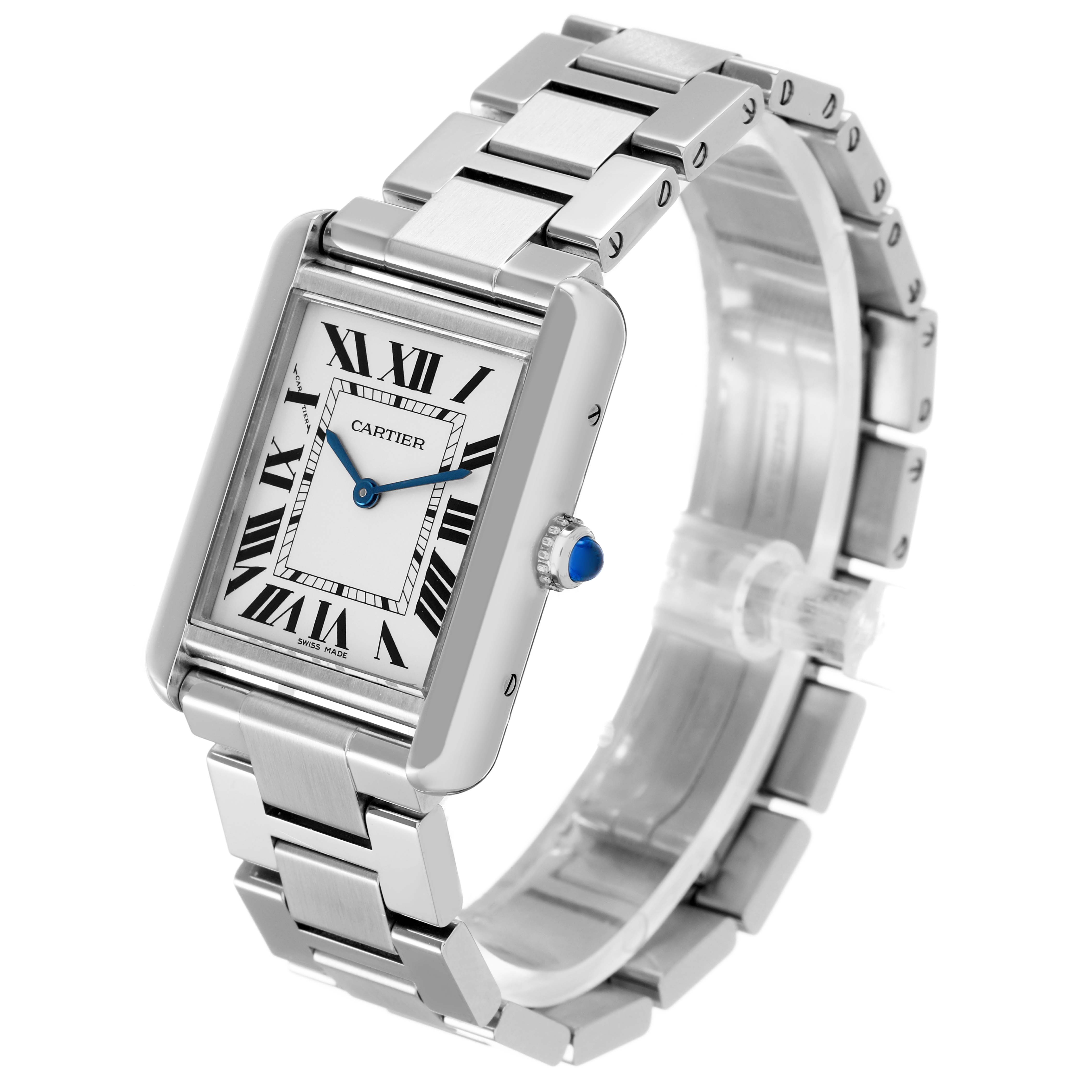 The Cartier Tank Solo W5200013 Women's Stainless Steel Silver Dial watch is shown at an angle highlighting the face, bracelet, and crown.