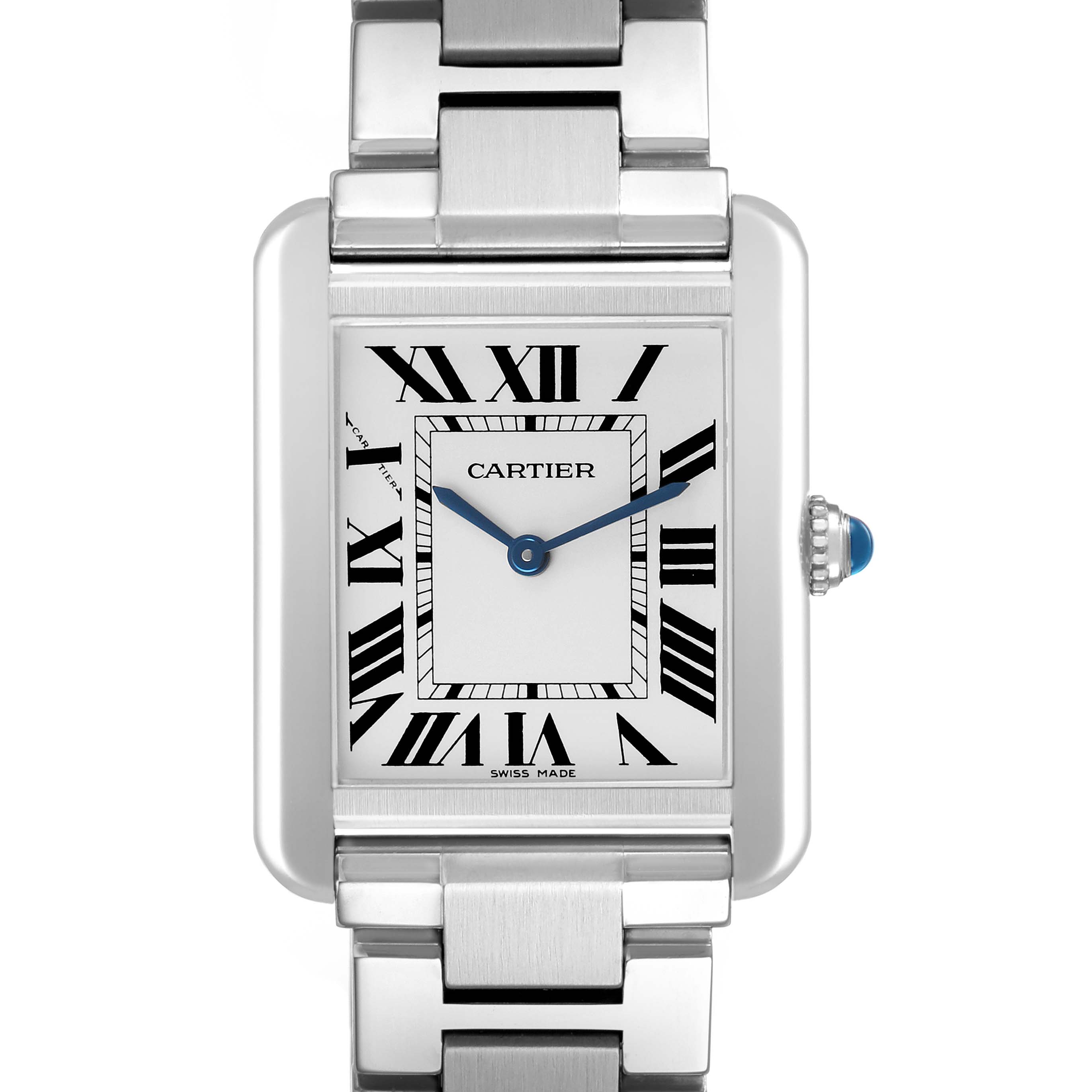 The Cartier Tank Solo W5200013 Women's Stainless Steel Silver Dial watch is shown from a front angle, displaying the face, Roman numerals, and metal bracelet with a visible crown.