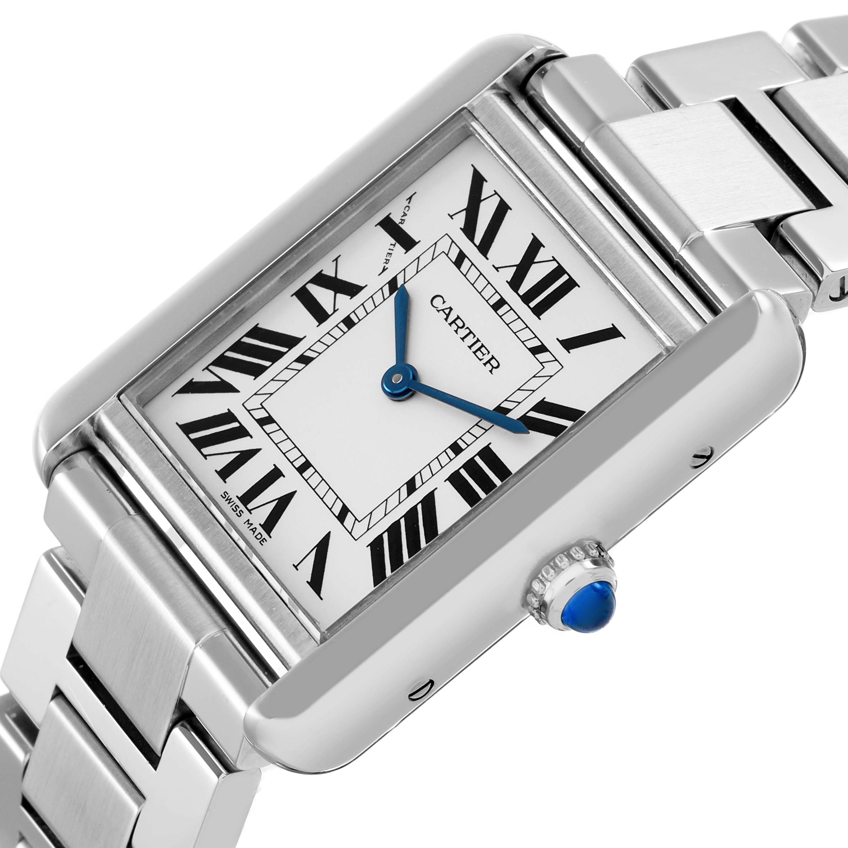 The Cartier Tank Solo W5200013 Women's Stainless Steel Silver Dial watch is shown at an angle highlighting its rectangular face, Roman numerals, and metal bracelet.