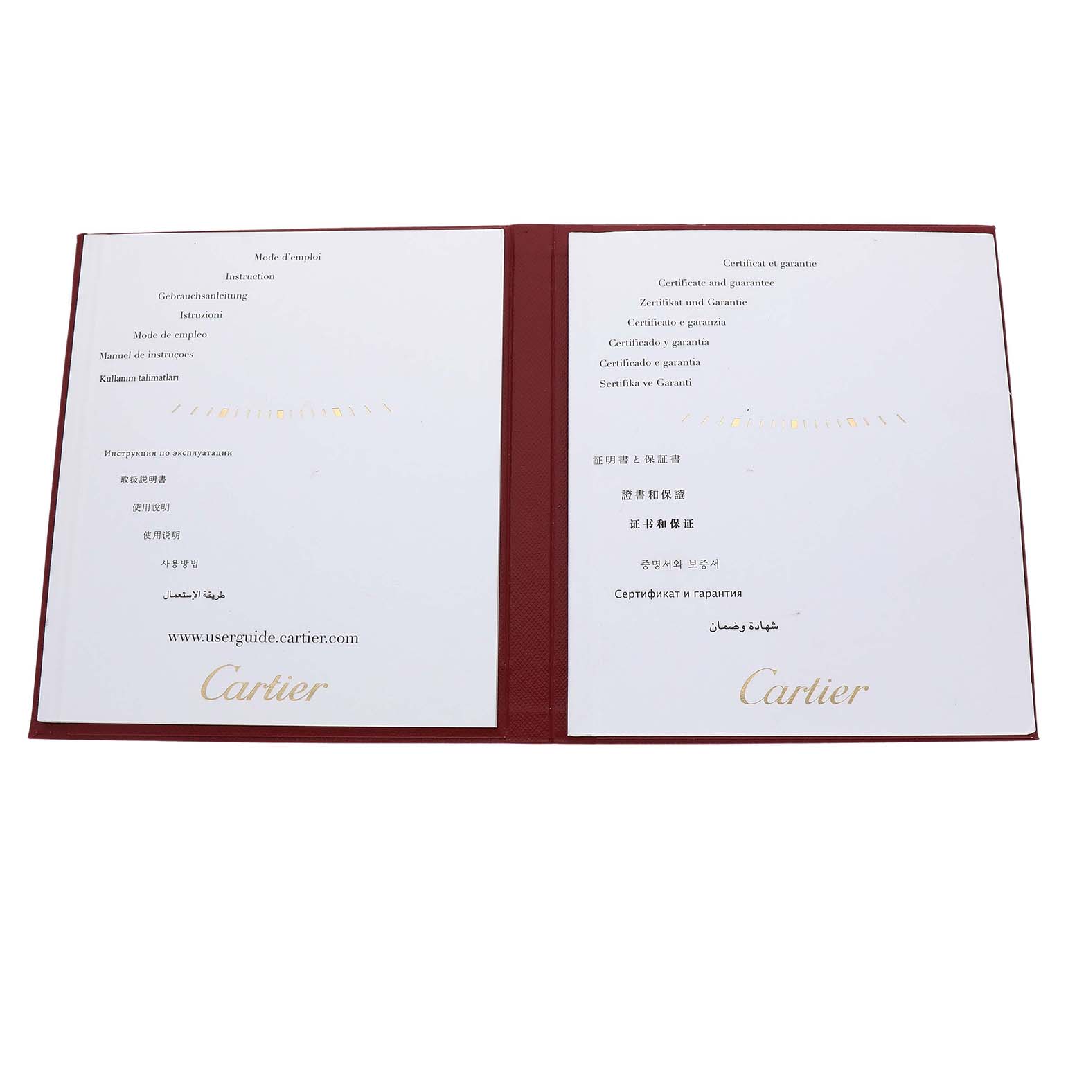 The image shows a Cartier Tank Solo W5200013 Women's Stainless Steel Silver Dial manual and guarantee certificate opened flat, viewed from above.