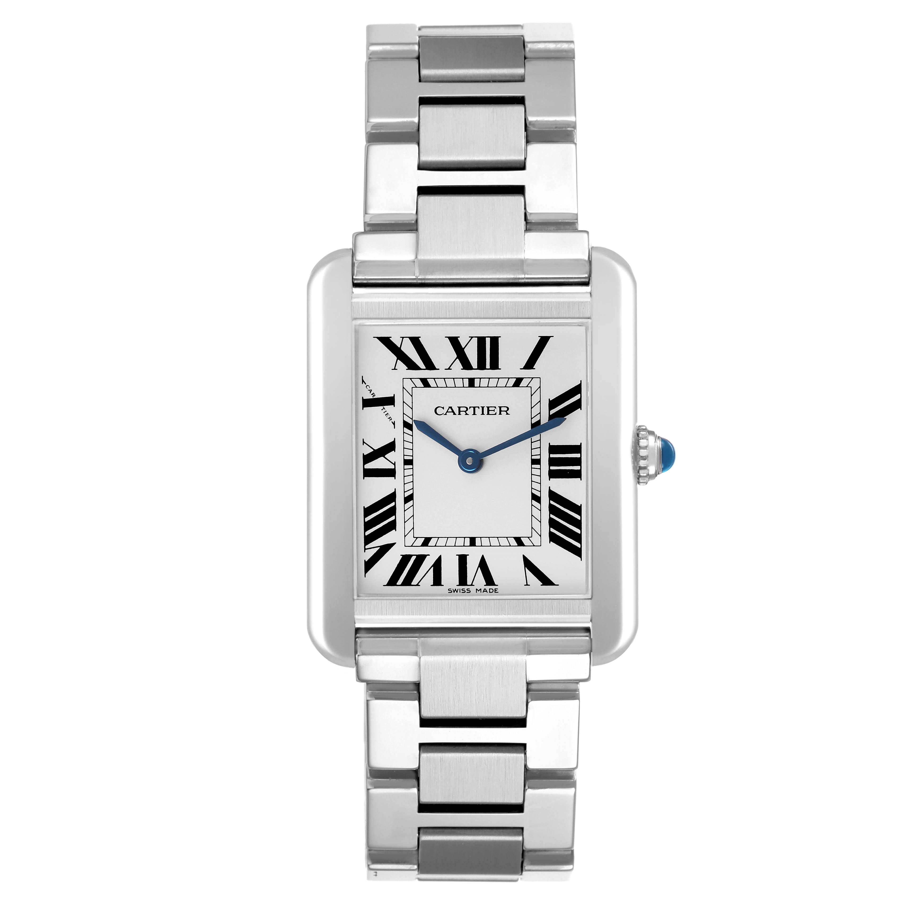 The Cartier Tank Solo W5200013 Women's Stainless Steel Silver Dial watch is shown from a front angle, displaying its rectangular case, Roman numerals, and metal bracelet.