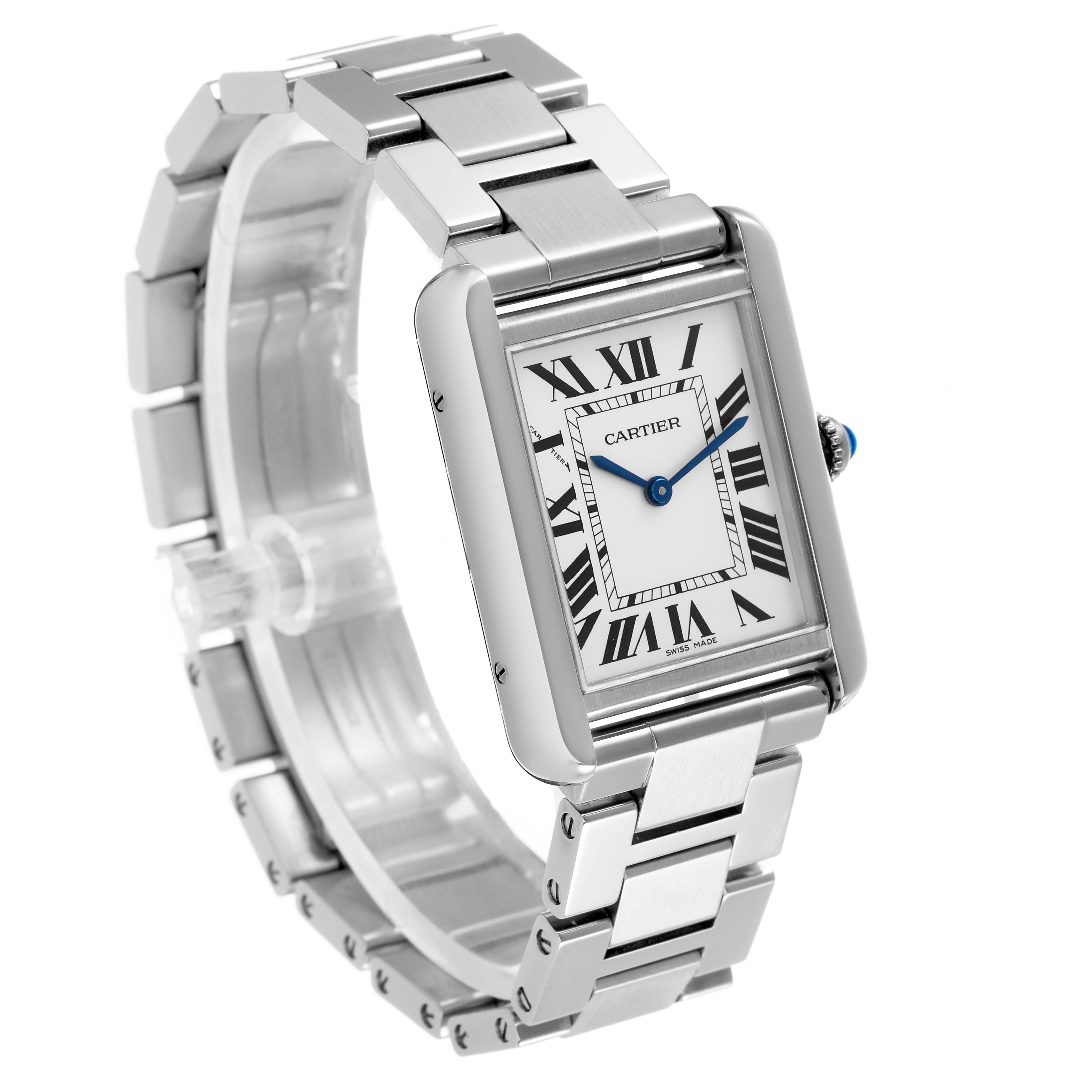 The Cartier Tank Solo W5200013 Women's Stainless Steel Silver Dial watch is shown at a three-quarter angle, highlighting its face, bezel, and bracelet.