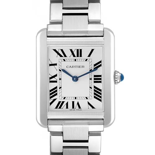 The Cartier Tank Solo W5200013 Women's Stainless Steel Silver Dial watch is shown from a front angle, displaying its face, bezel, and part of the metal bracelet.