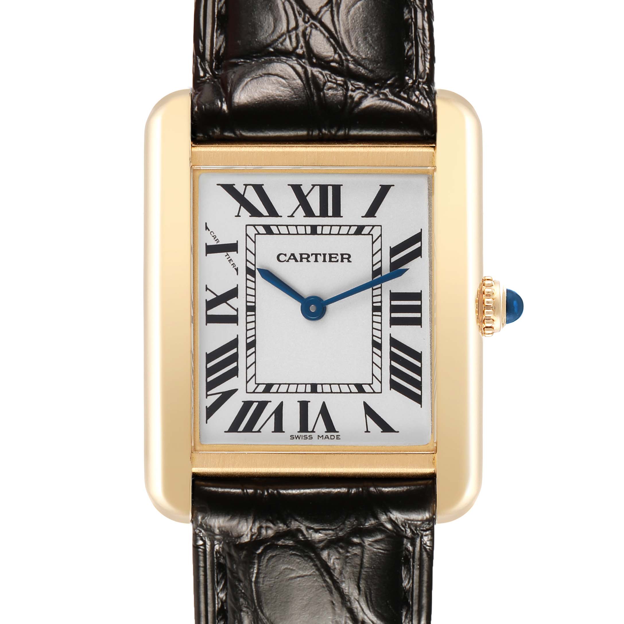 The Cartier Tank Solo W1018755 Women's Yellow Gold Silver Dial watch is shown from the front, displaying its face, Roman numerals, and leather strap.