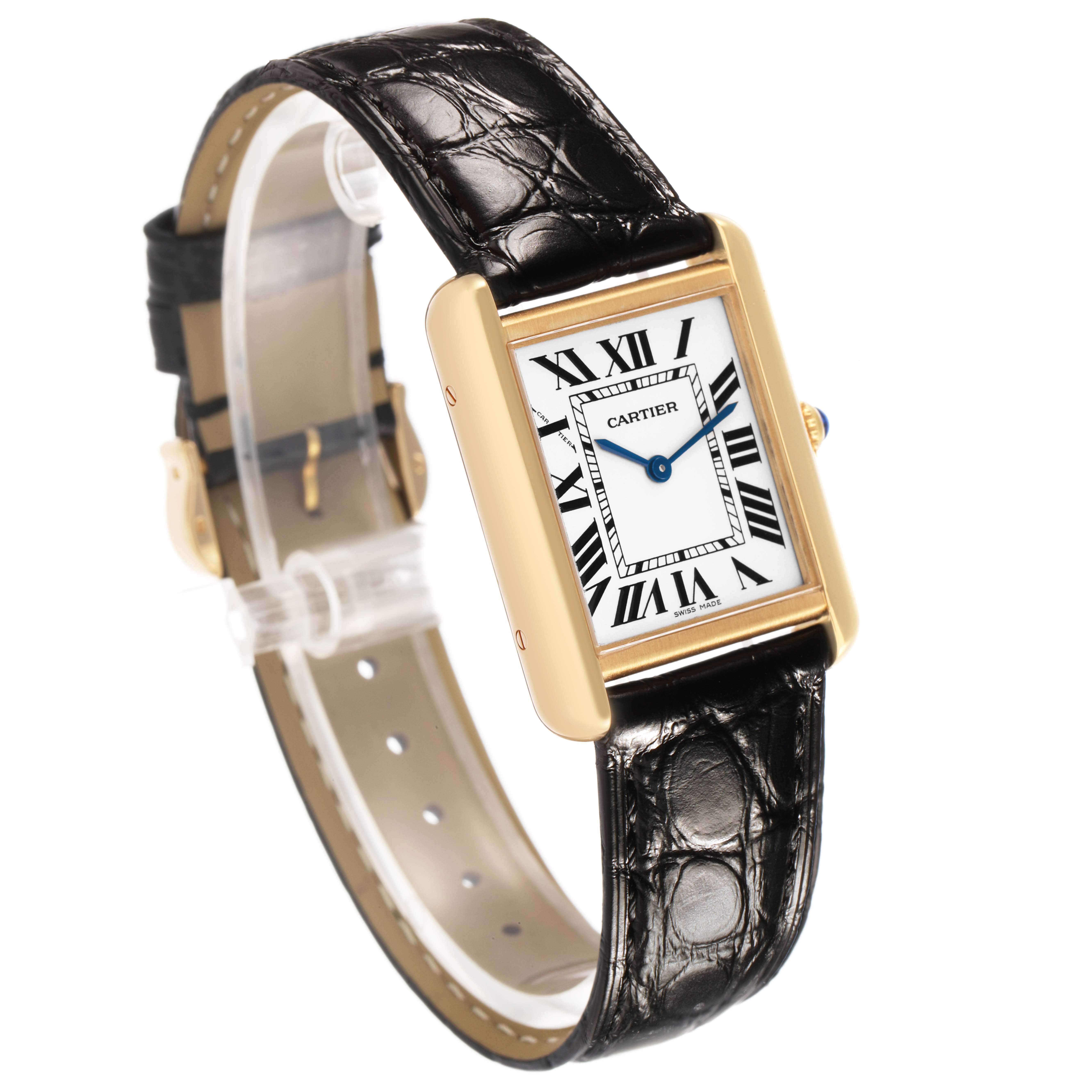 The Cartier Tank Solo W1018755 Women's Yellow Gold Silver Dial is shown at a slight angle, highlighting its rectangular face, gold case, and black leather strap.