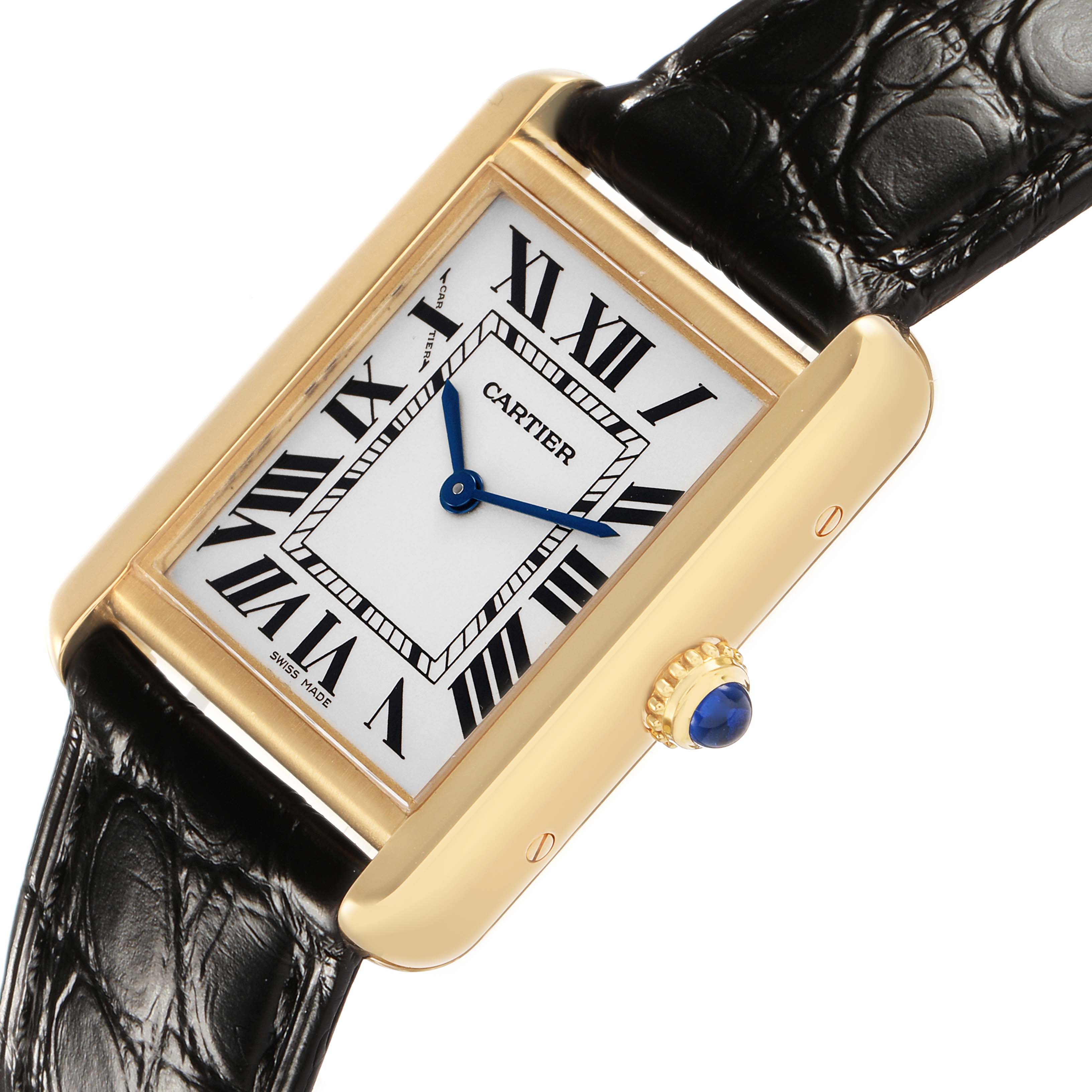 The Cartier Tank Solo W1018755 Women's Yellow Gold Silver Dial watch is shown at an angle highlighting its gold case, Roman numeral dial, blue hands, and black leather strap.