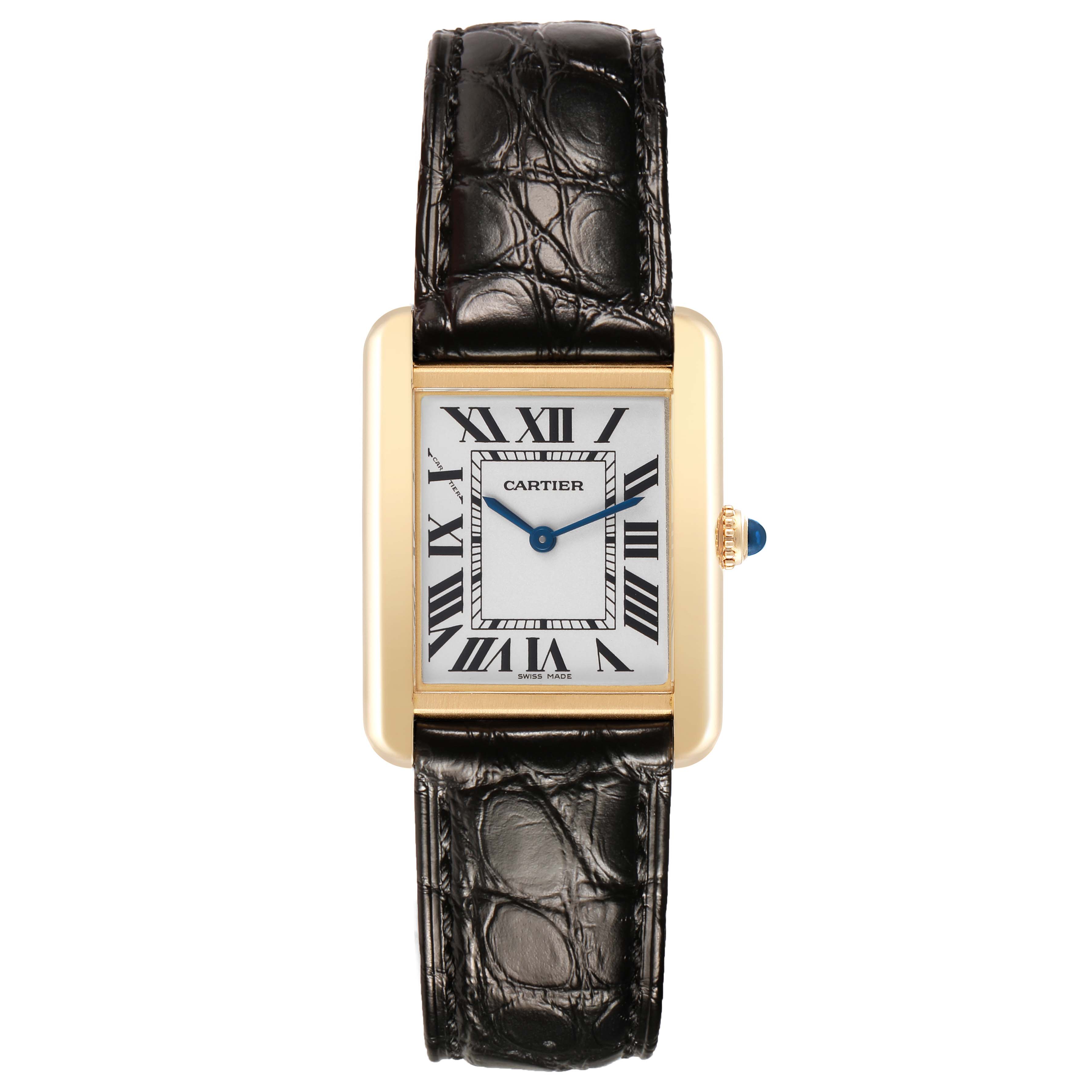 The Cartier Tank Solo W1018755 Women's Yellow Gold Silver Dial watch is shown from the front, displaying the dial, case, and leather strap.