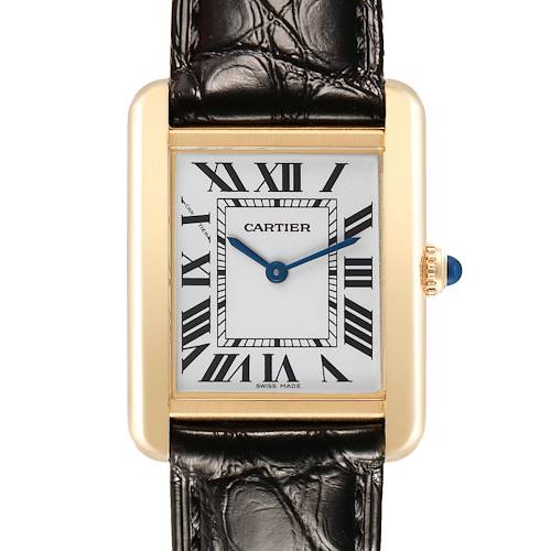 The Cartier Tank Solo W1018755 Women's Yellow Gold Silver Dial watch is shown from the front, displaying its rectangular face, Roman numerals, and leather strap.