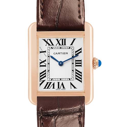 The Cartier Tank Solo W5200002 Women's Steel and Gold (two tone) Silver Dial watch is shown from the front, highlighting its rectangular face, Roman numerals, and leather strap.