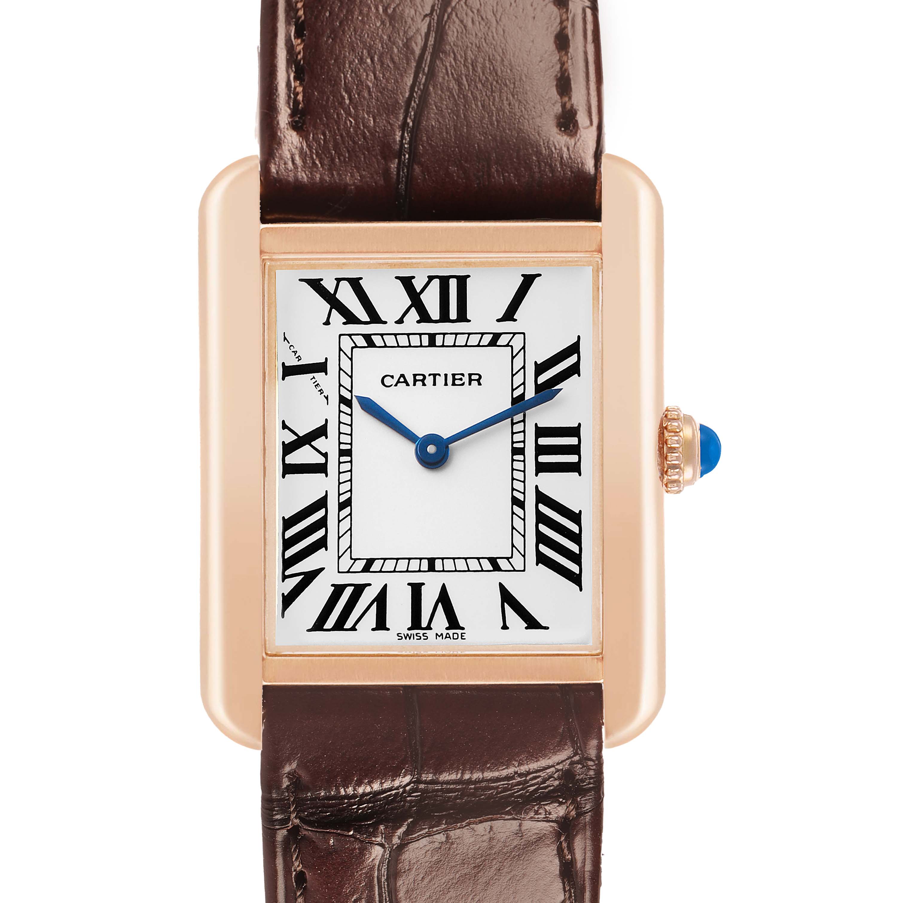 The Cartier Tank Solo W5200002 Women's Steel and Gold (two tone) Silver Dial watch is shown from the front, highlighting its rectangular face, Roman numerals, gold case, and leather strap.