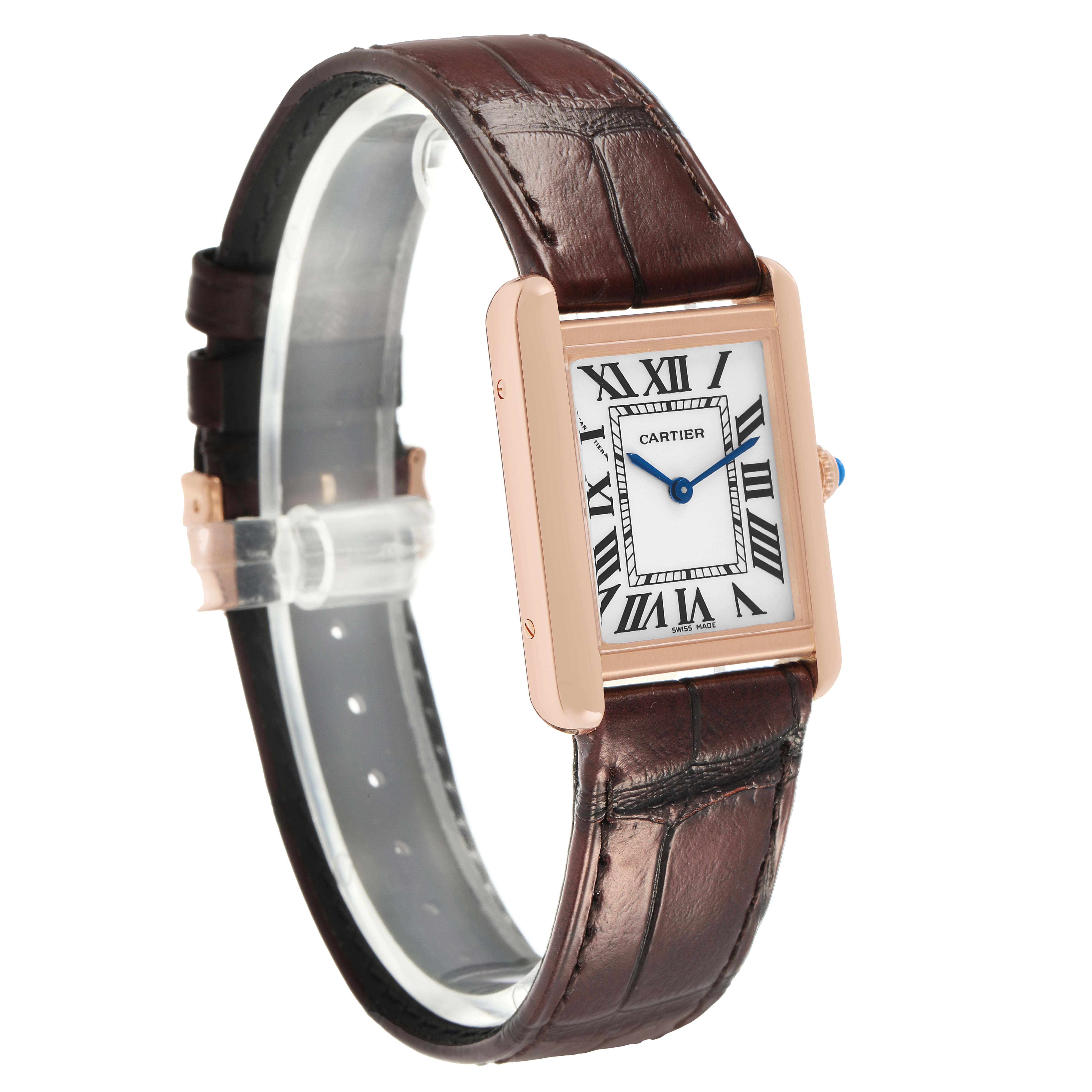The Cartier Tank Solo W5200002 Women's Steel and Gold (two tone) Silver Dial watch is shown at a slight angle, highlighting its rectangular case, Roman numeral dial, and leather strap.