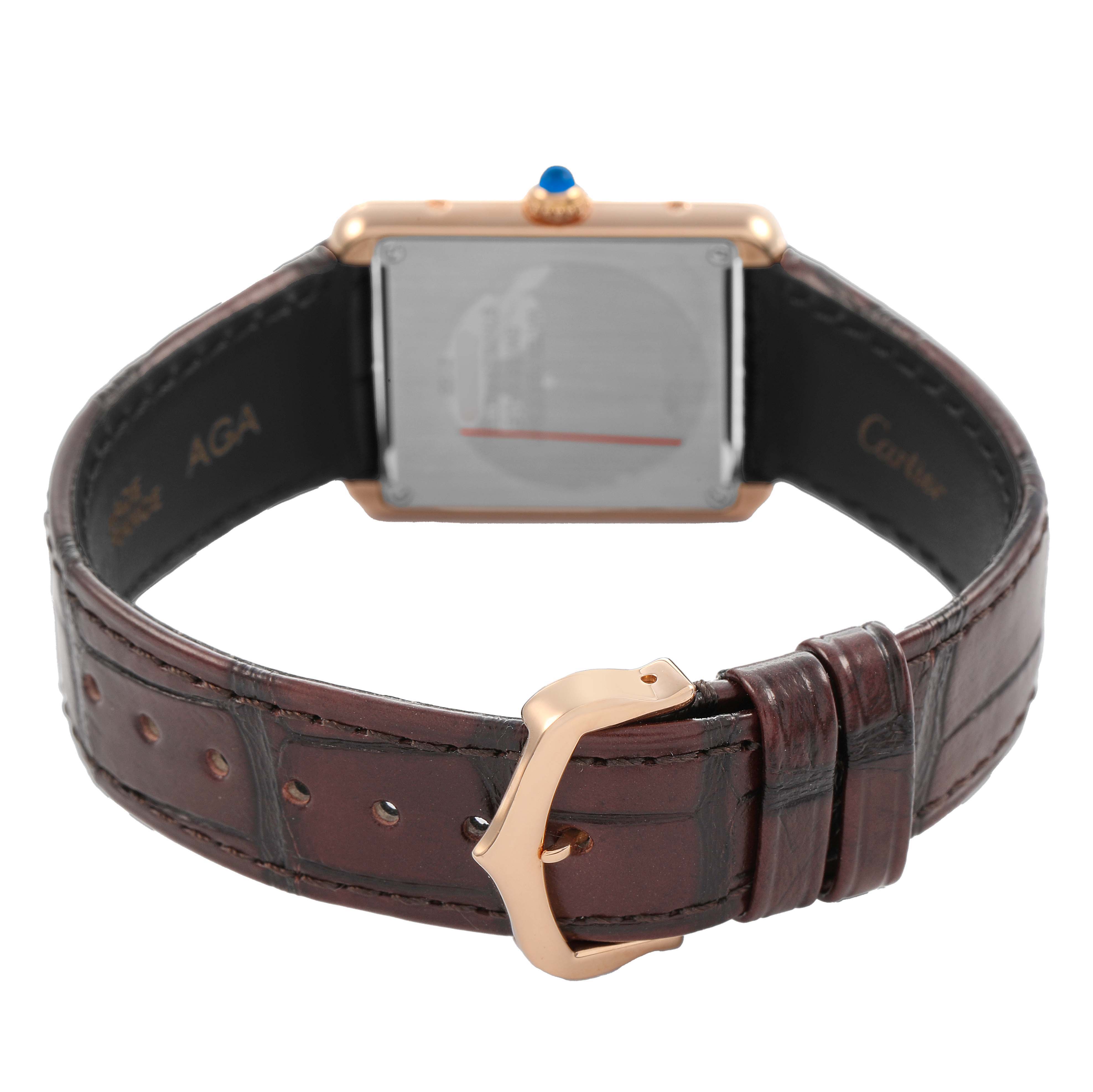 The image shows the back of a Cartier Tank Solo W5200002 Women's Steel and Gold (two tone) Silver Dial watch, highlighting its case back, strap, and buckle.