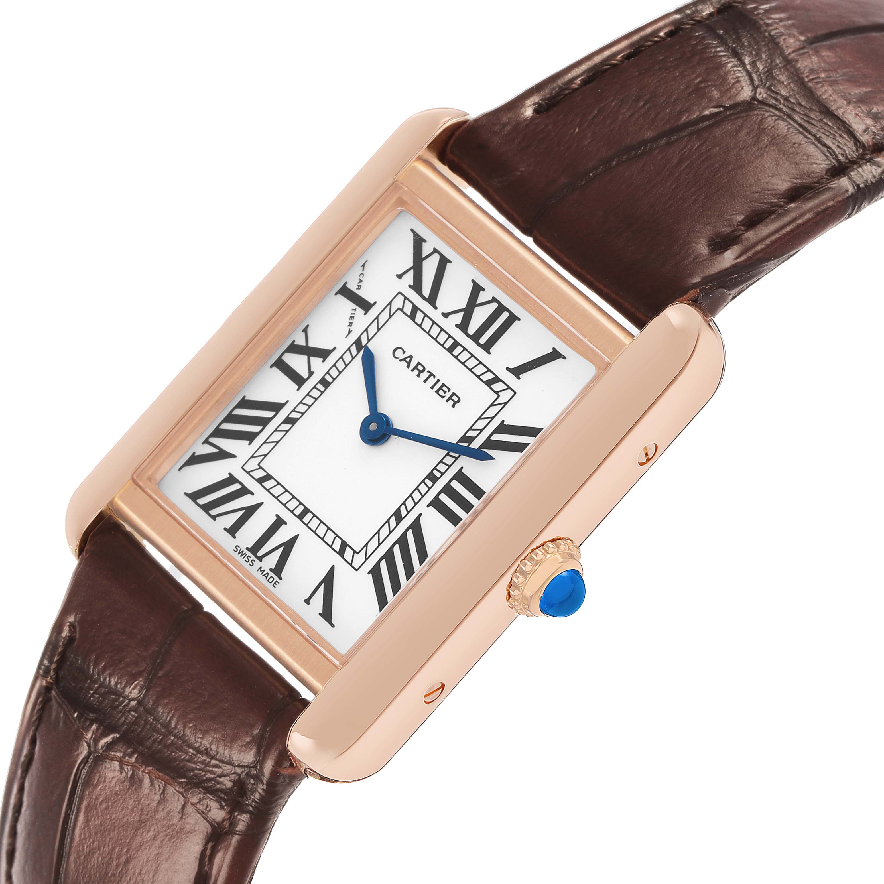 The Cartier Tank Solo W5200002 Women's Steel and Gold (two tone) Silver Dial watch is shown at an angle highlighting its face, gold case, crown, and brown leather strap.