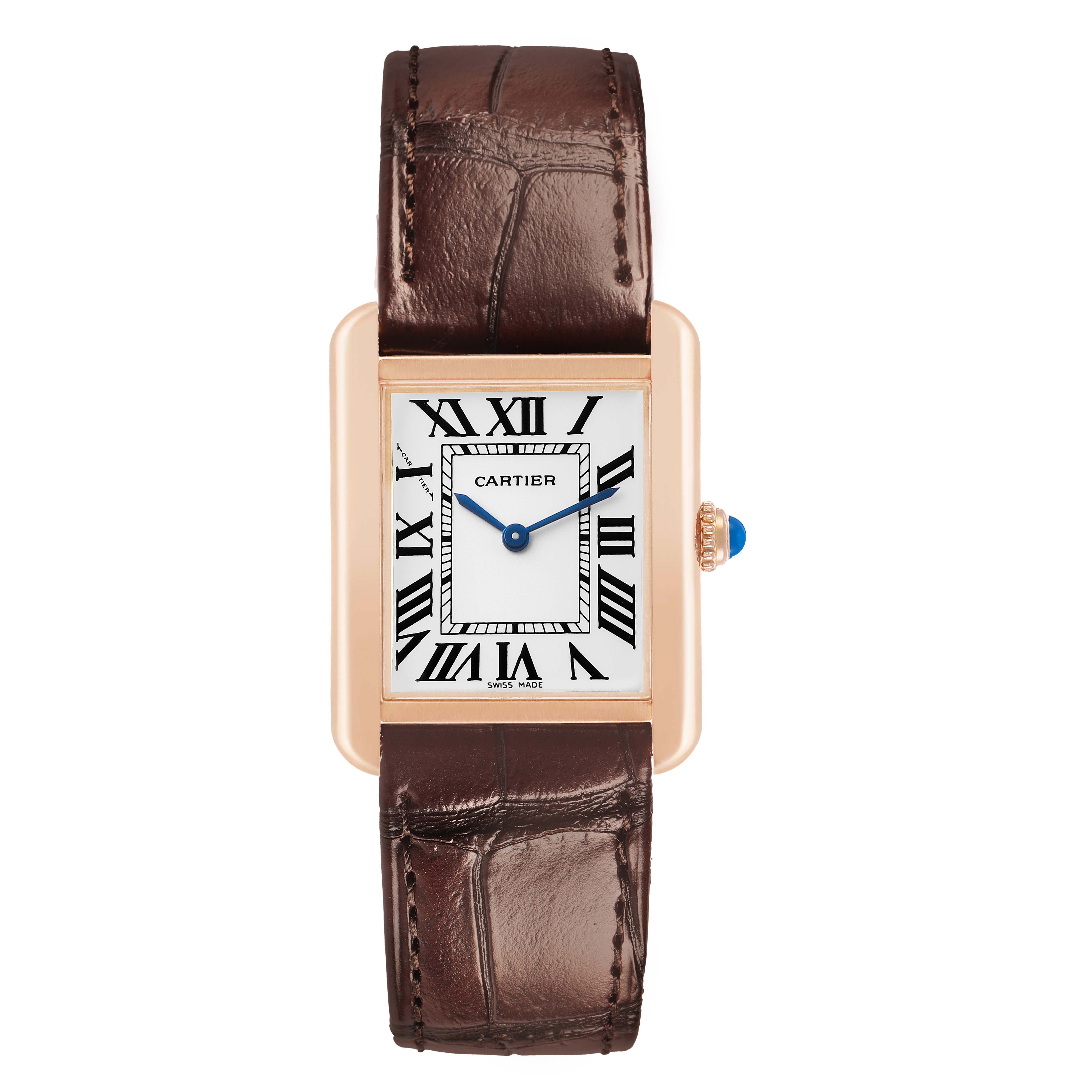 The Cartier Tank Solo W5200002 Women's Steel and Gold (two tone) Silver Dial watch is shown from a front angle, displaying the face, Roman numerals, and brown leather strap.