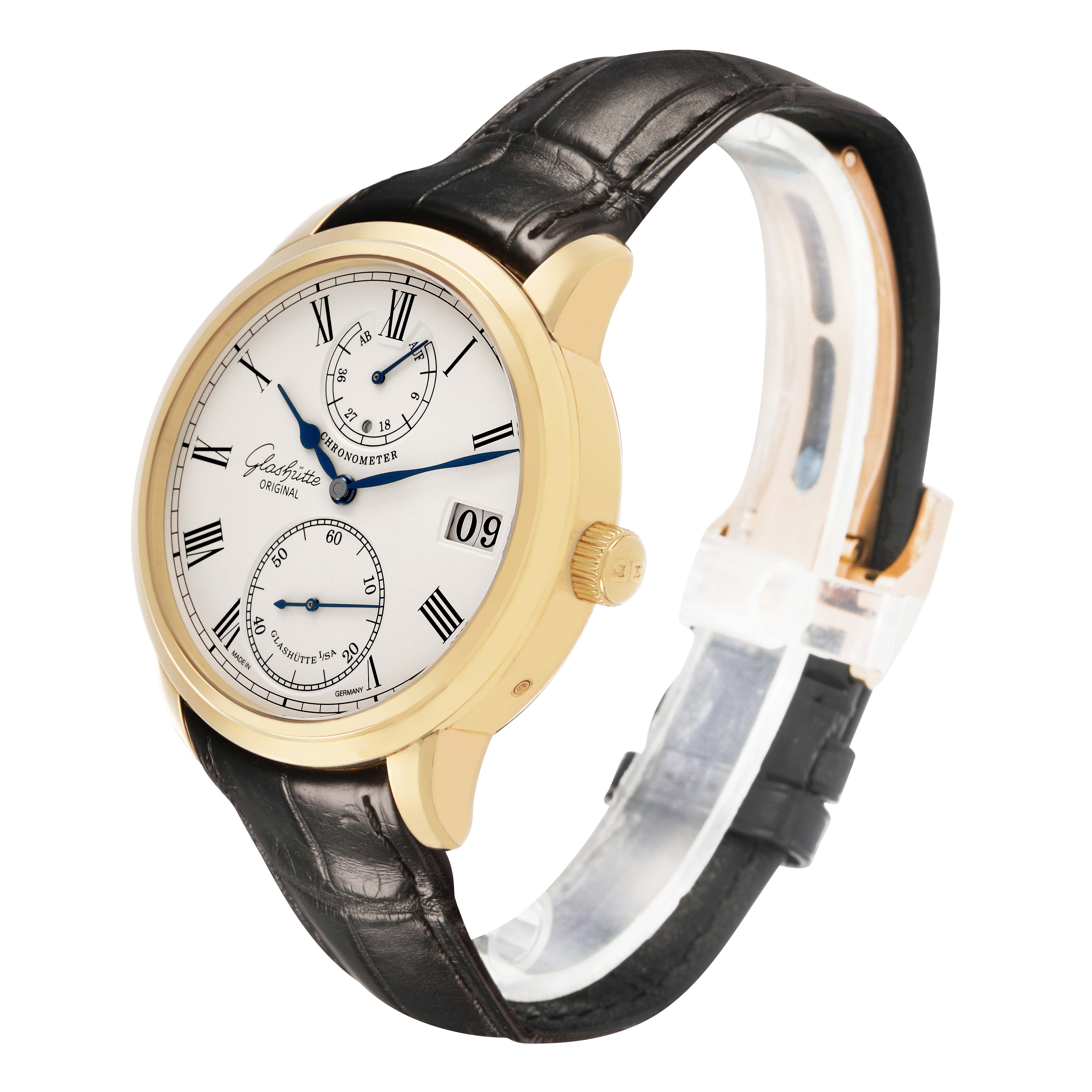 The Glashütte Senator watch is shown at a three-quarter angle, displaying its face, crown, and strap.