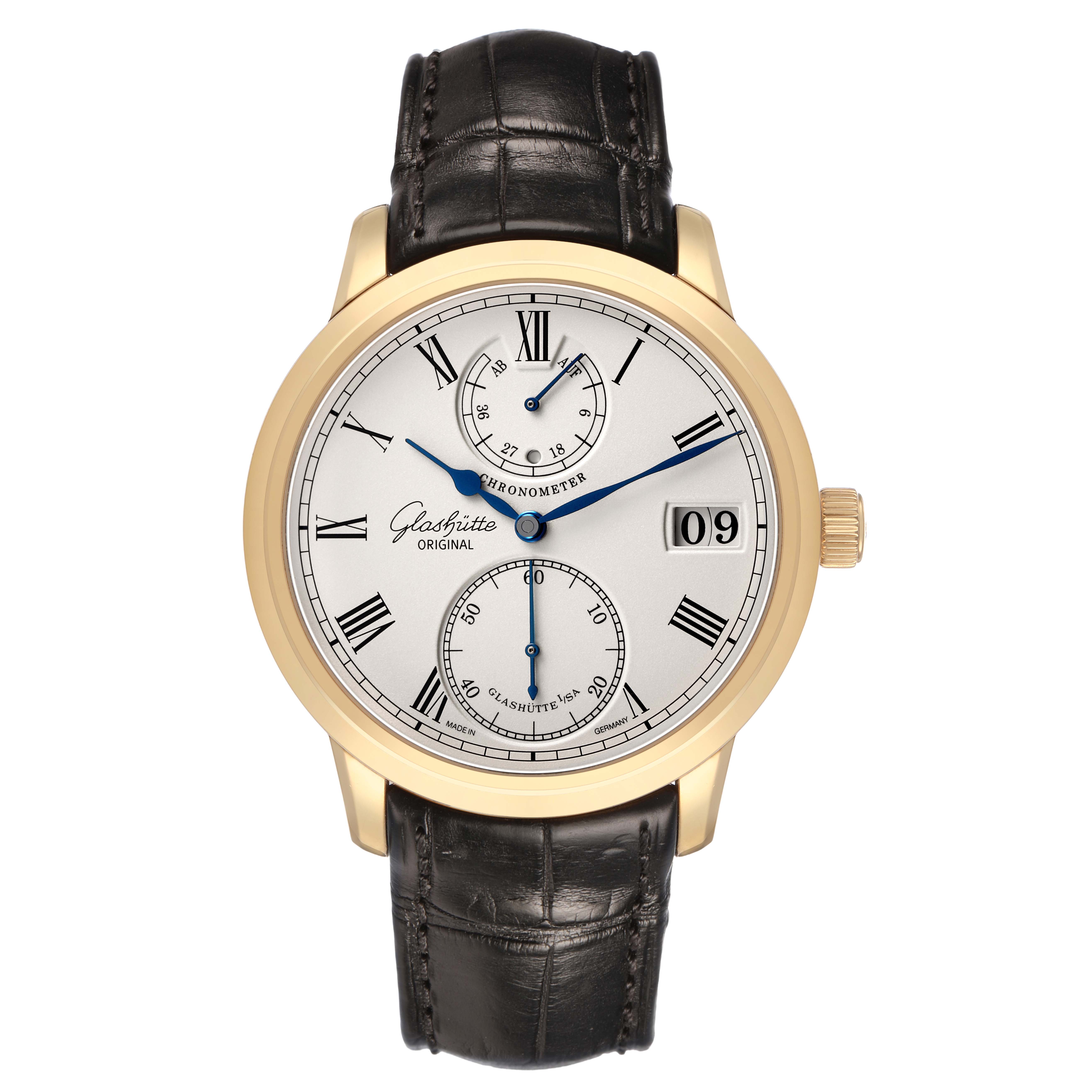The Glashütte Senator model is shown from a straight-on angle, displaying the dial, Roman numerals, subdials, and leather strap.
