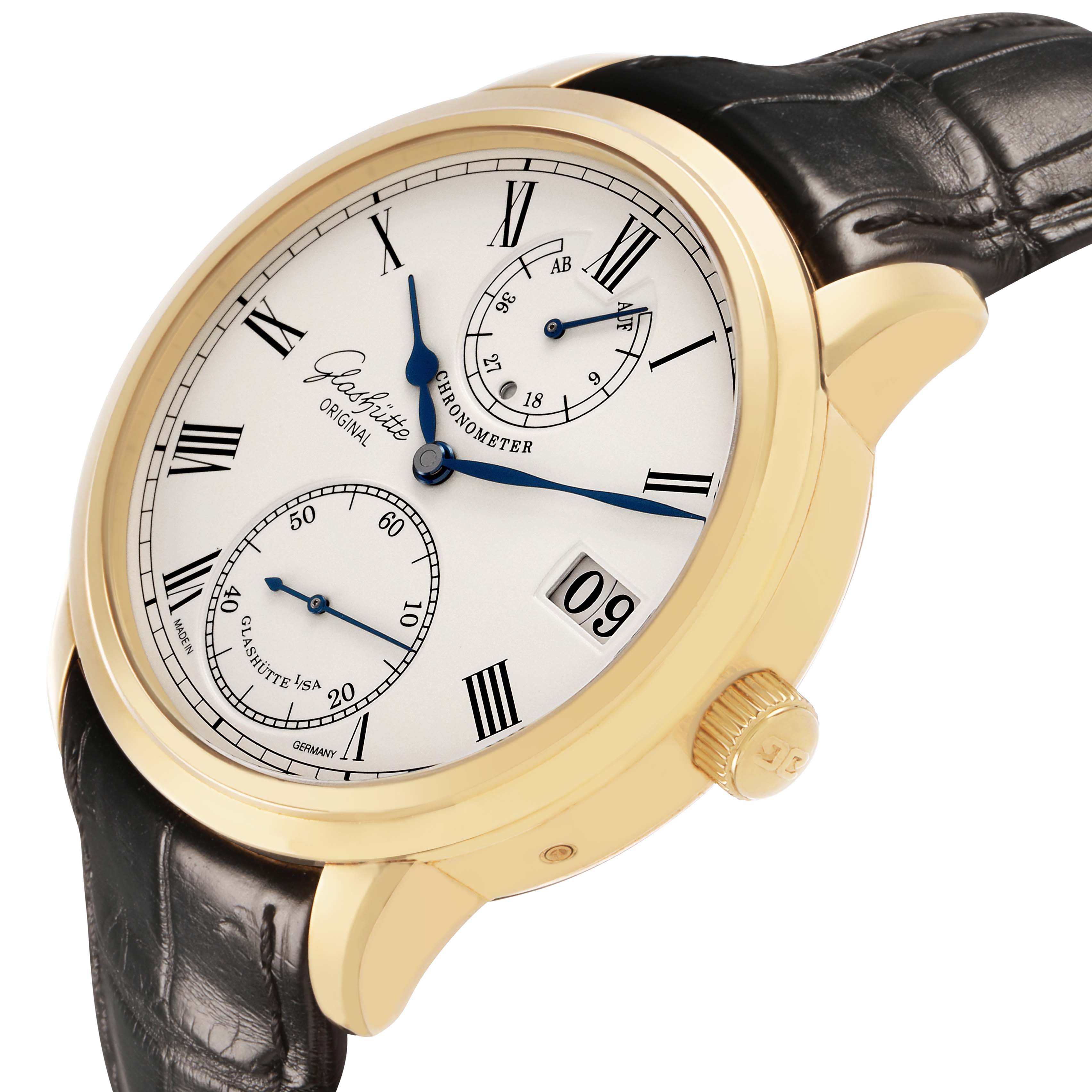 The Glashütte Senator watch is shown at an angle displaying the dial, case, crown, and leather strap.
