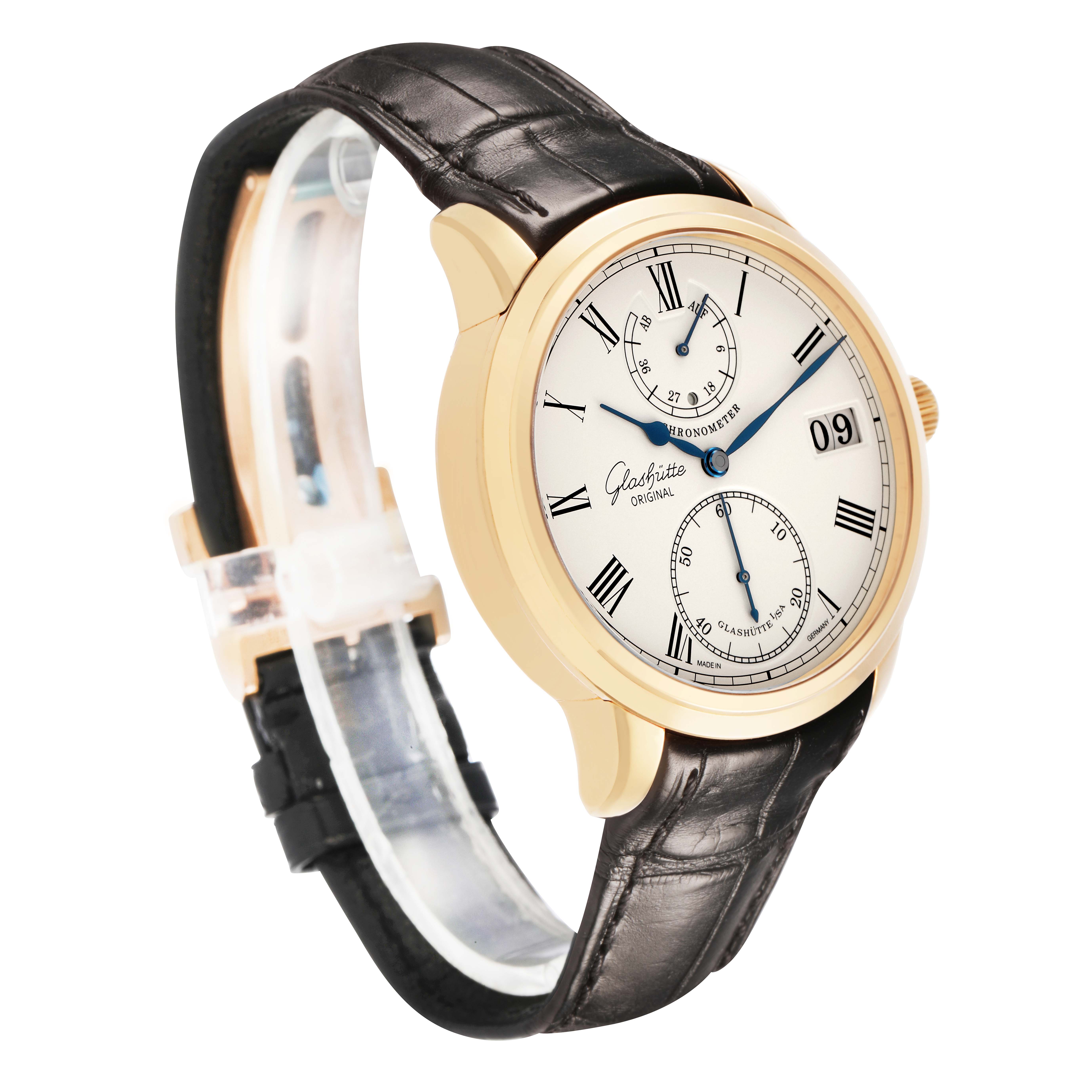 The Glashutte Senator 1-58-01-01-01-04 Men's Rose Gold Silver Dial watch is shown at a three-quarter angle, highlighting the face, roman numerals, subdials, and leather strap.