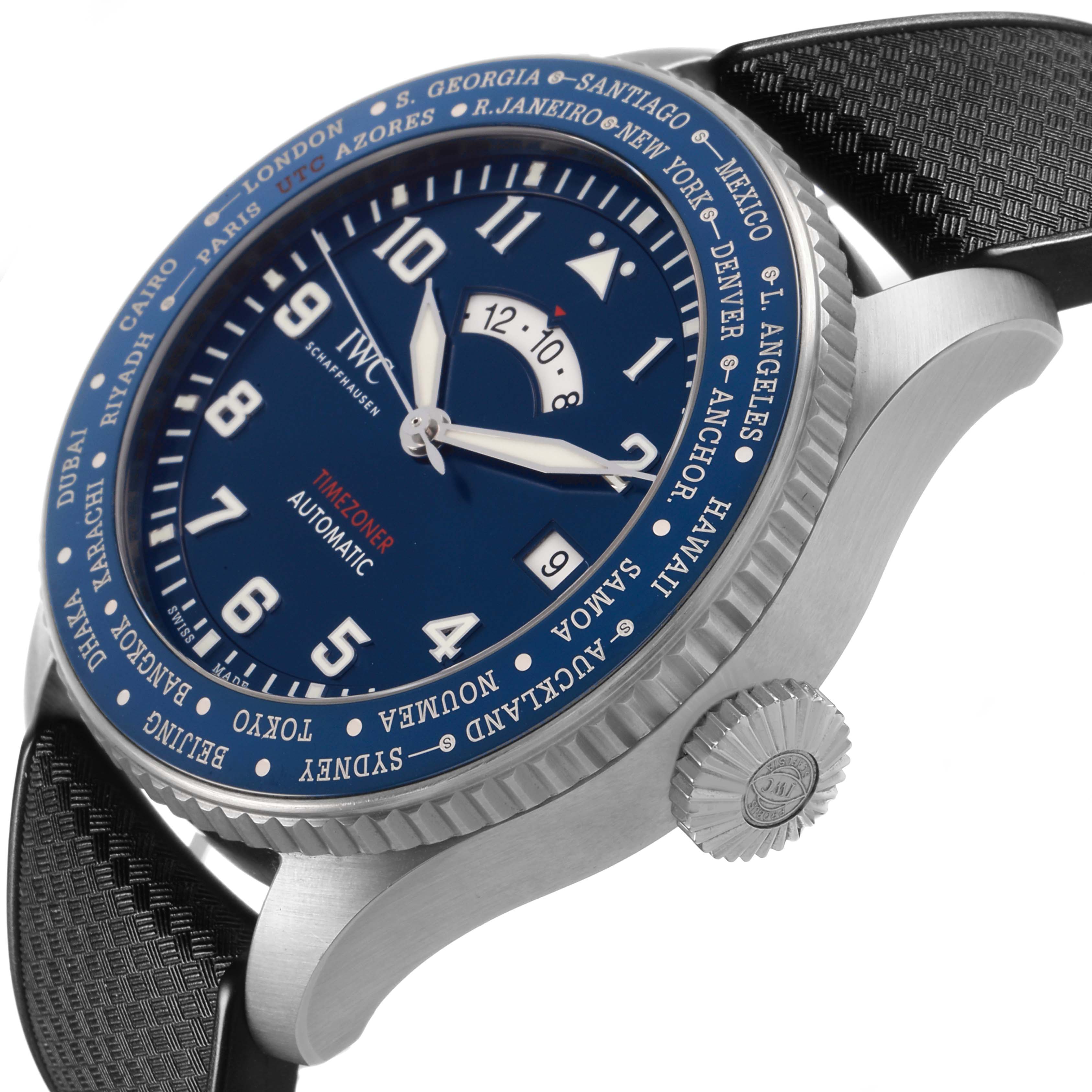 The IWC Pilot IW395503 Men's Stainless Steel Blue Dial watch is shown from a side angle, featuring the bezel, crown, and strap with visible time zone markings on the dial.