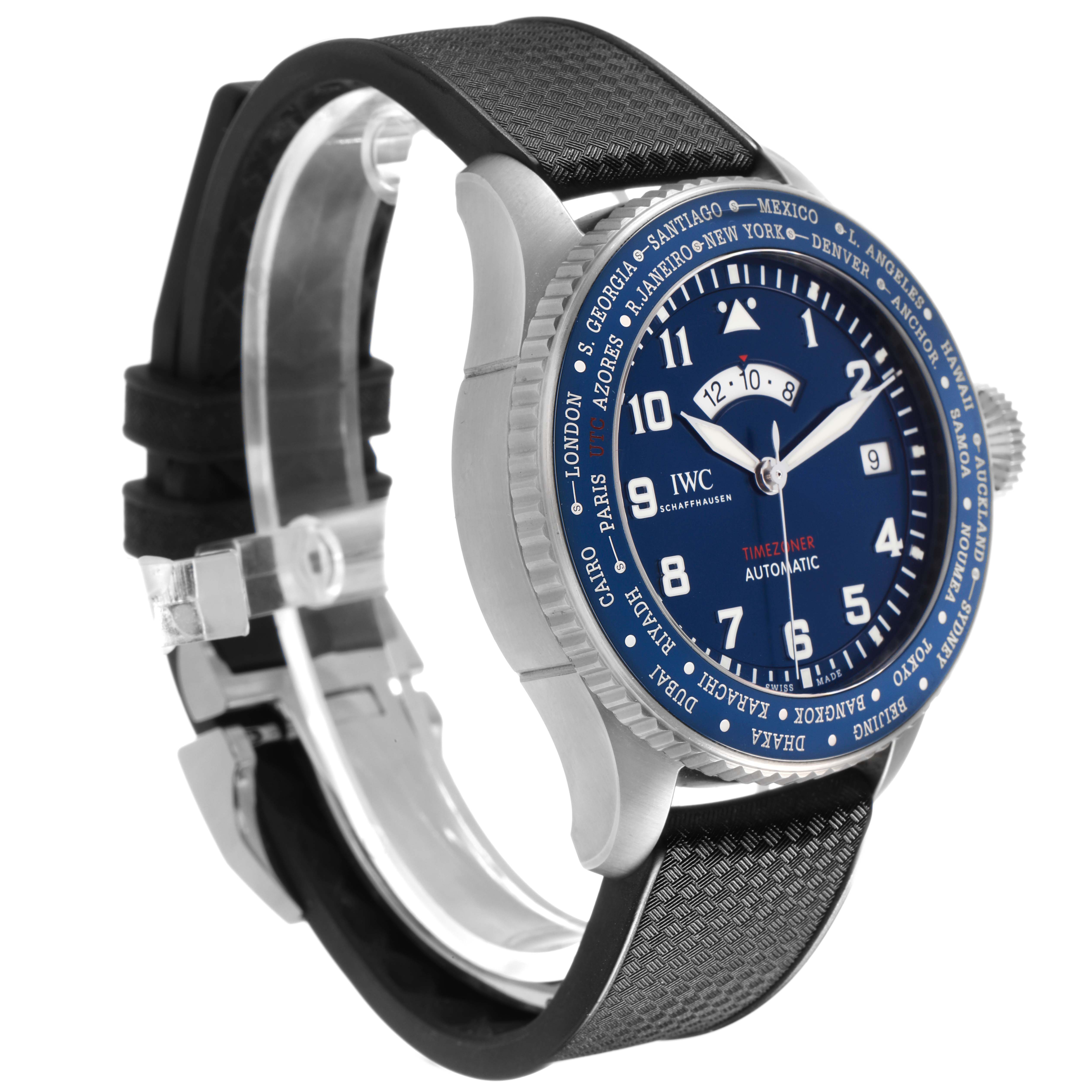 The IWC Pilot IW395503 Men's Stainless Steel Blue Dial watch is shown at a three-quarter angle, highlighting the dial, bezel, and strap.