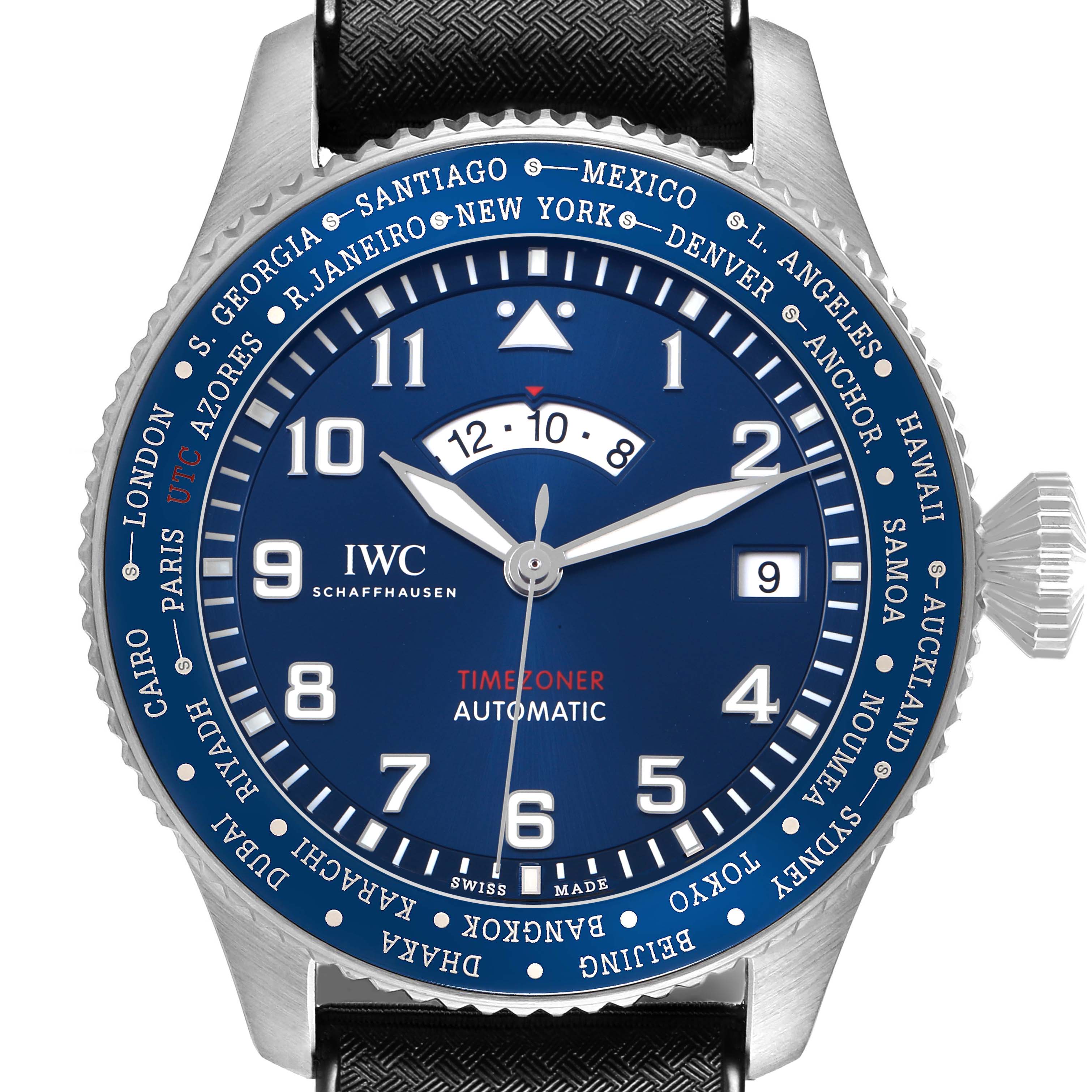 The image shows a frontal view of the IWC Pilot IW395503 Men's Stainless Steel Blue Dial model watch with a blue dial and world time bezel.