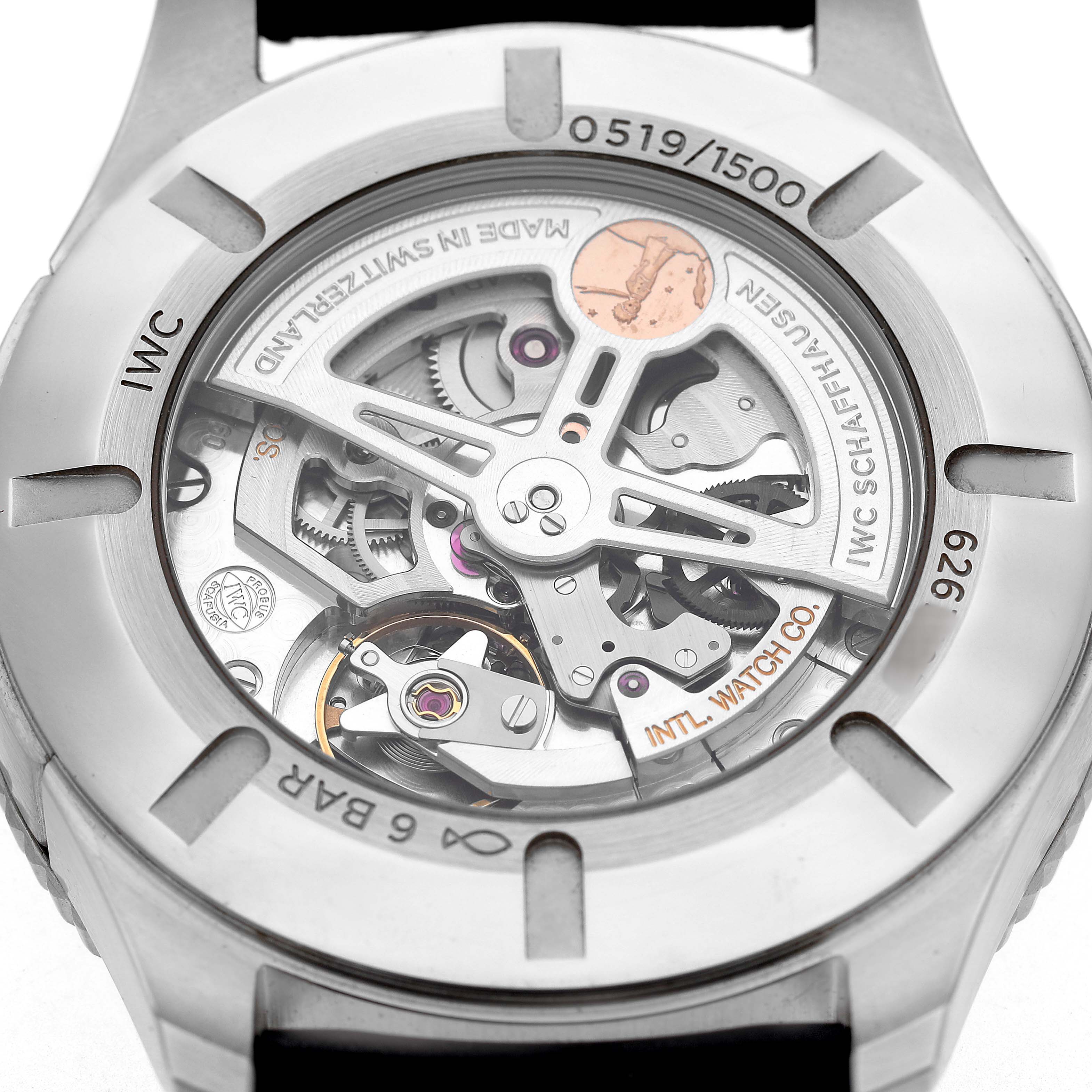 The image shows the exhibition case back of the IWC Pilot IW395503 Men's Stainless Steel Blue Dial model, highlighting the intricate movement and serial number.