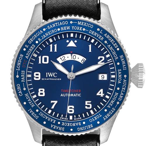 The IWC Pilot IW395503 Men's Stainless Steel Blue Dial watch is shown from a front angle, highlighting the dial, bezel, crown, and strap details.