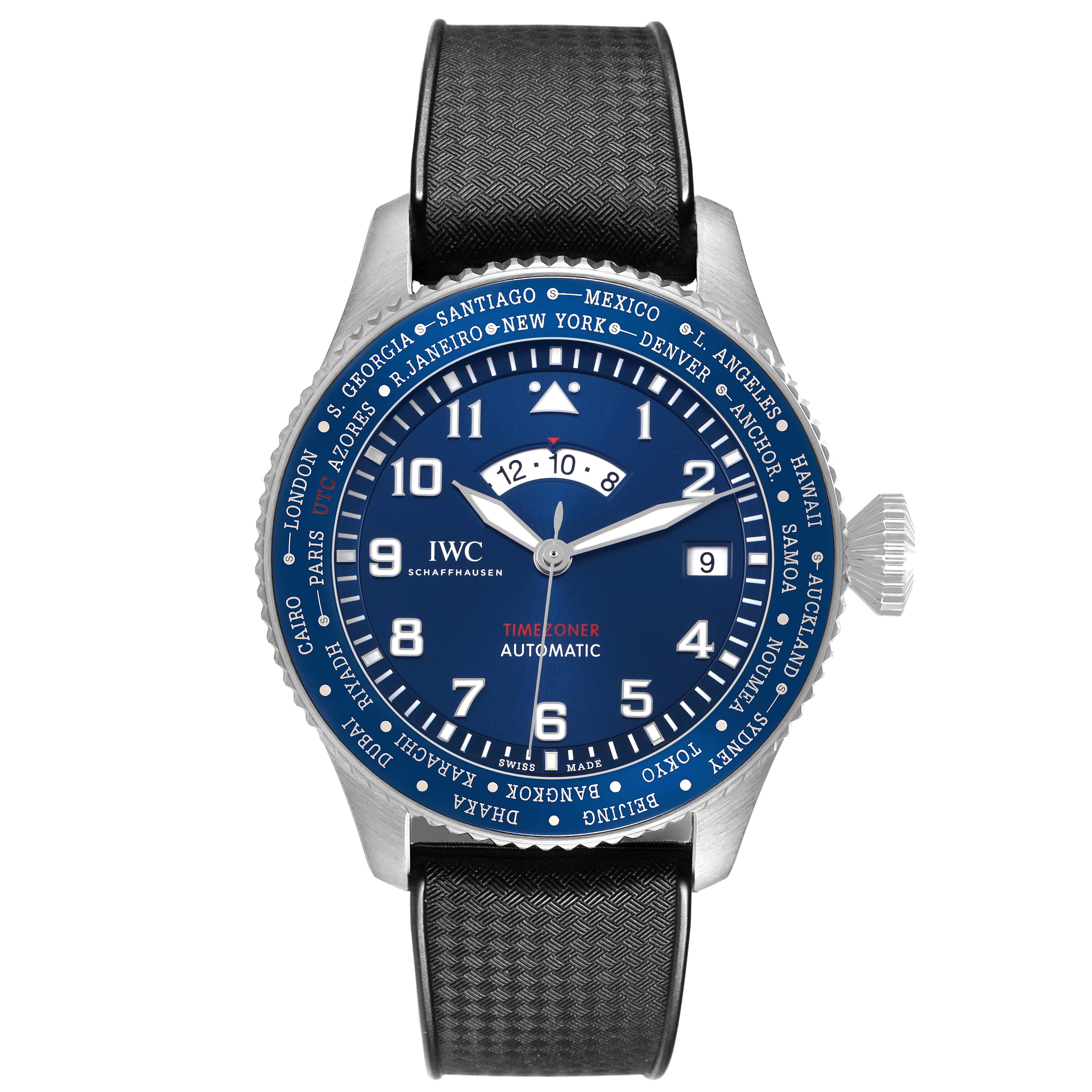 The image shows a frontal view of the IWC Pilot IW395503 Men's Stainless Steel Blue Dial model watch, highlighting the dial and the textured strap.