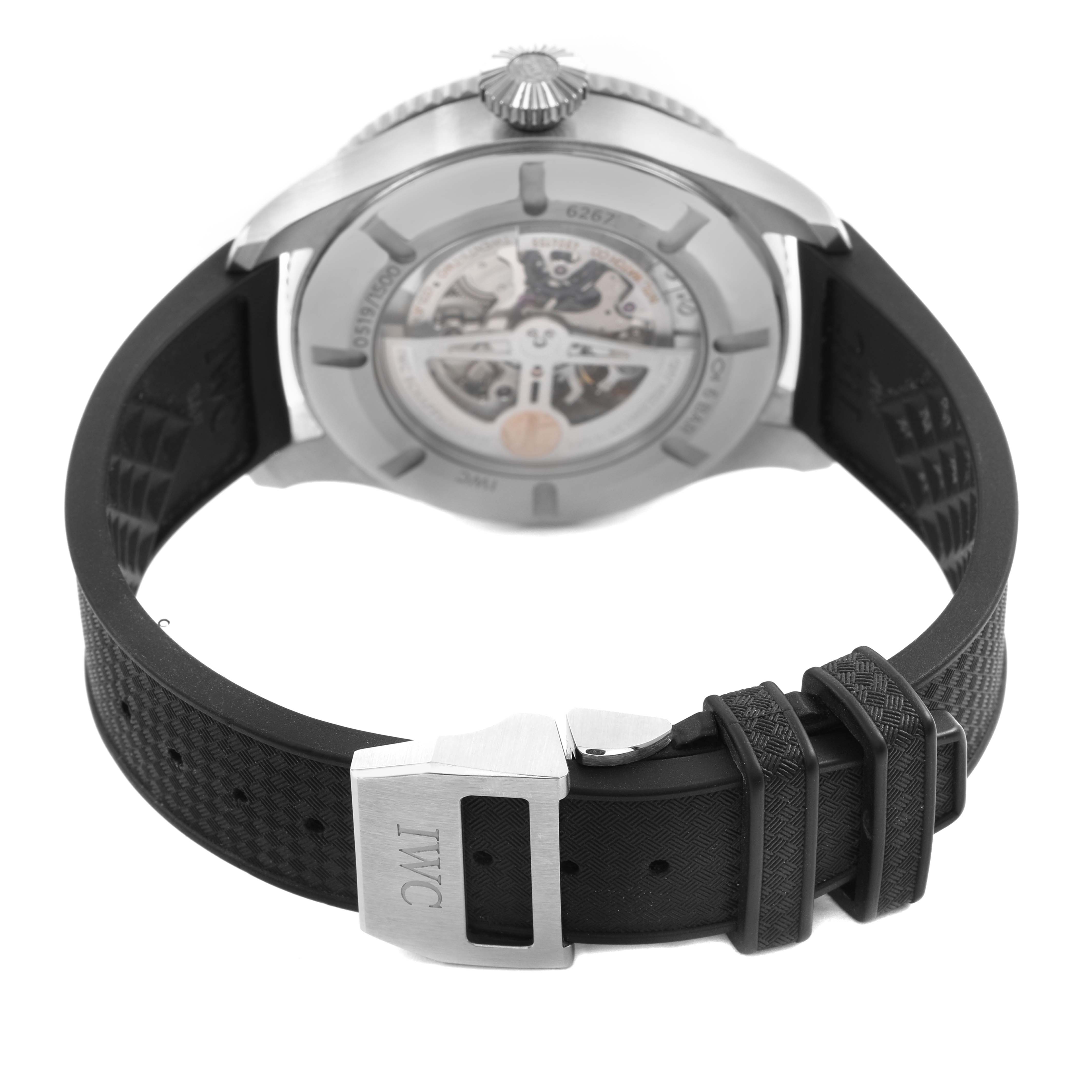 The IWC Pilot IW395503 Men's Stainless Steel Blue Dial watch is shown from a rear angle, displaying its back case and rubber strap with a metal buckle.