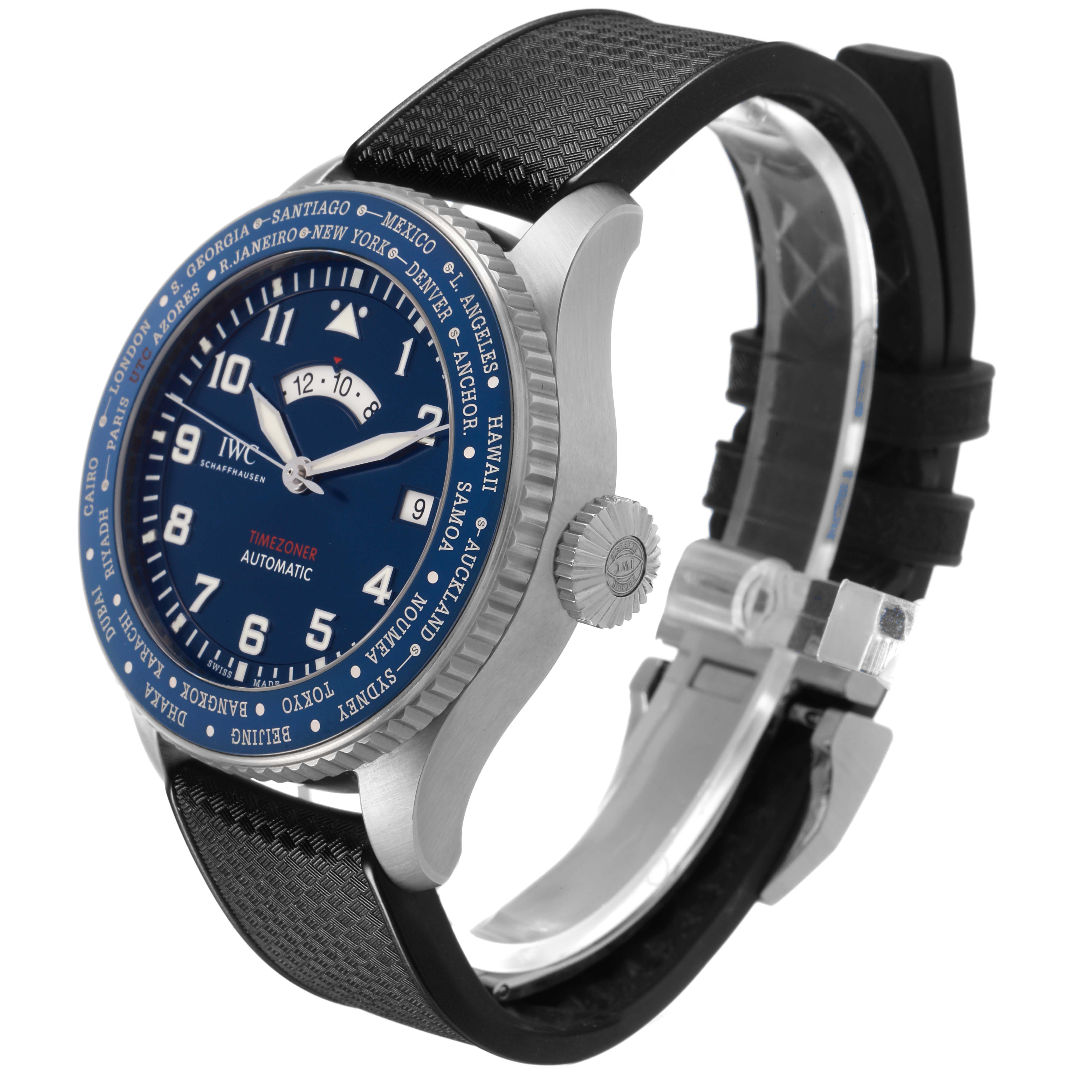 The IWC Pilot IW395503 Men's Stainless Steel Blue Dial watch is shown at a three-quarter angle, highlighting the dial, bezel, crown, and strap.