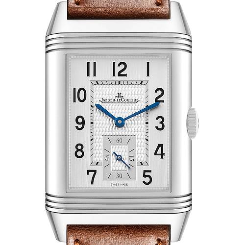 The Jaeger-LeCoultre Reverso watch is shown from a frontal angle, highlighting the face, case, and part of the strap.