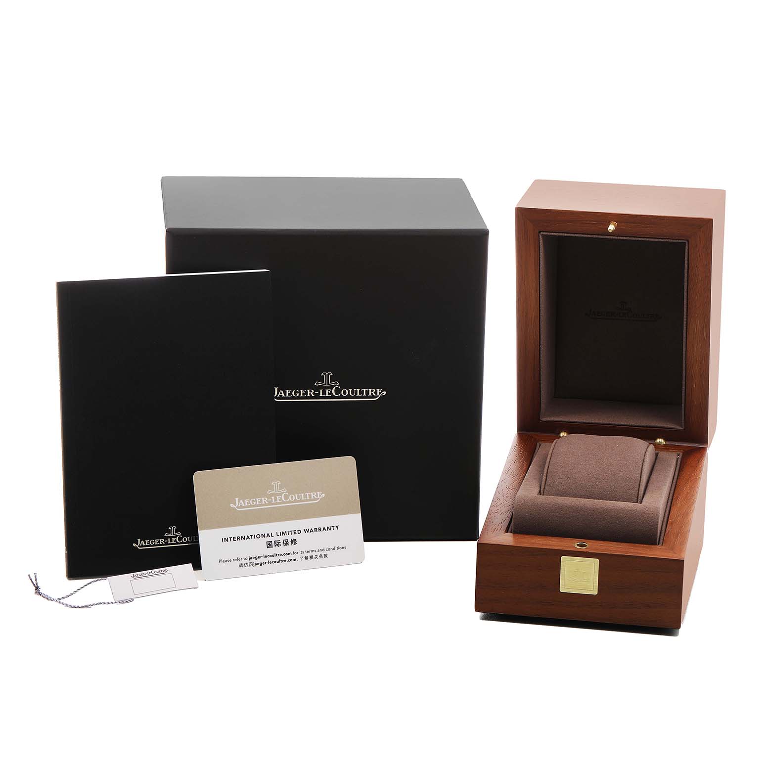 The Jaeger LeCoultre Reverso Q3848422 Men's Stainless Steel Silver Dial watch accessories include an open wooden case, warranty card, booklet, and external box.