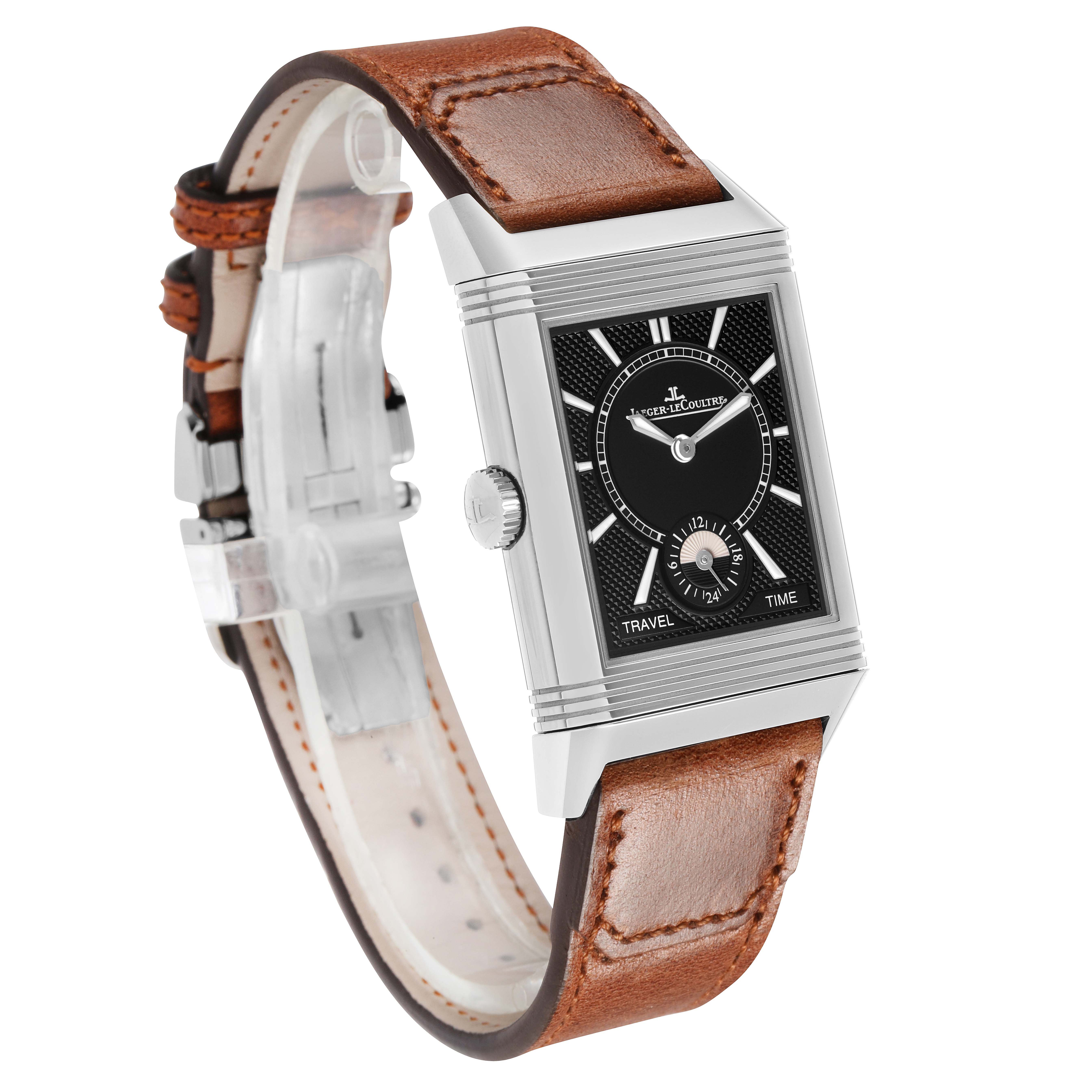 The Jaeger LeCoultre Reverso Q3848422 Men's Stainless Steel Silver Dial watch is shown at a front angle, displaying its face and brown leather strap.