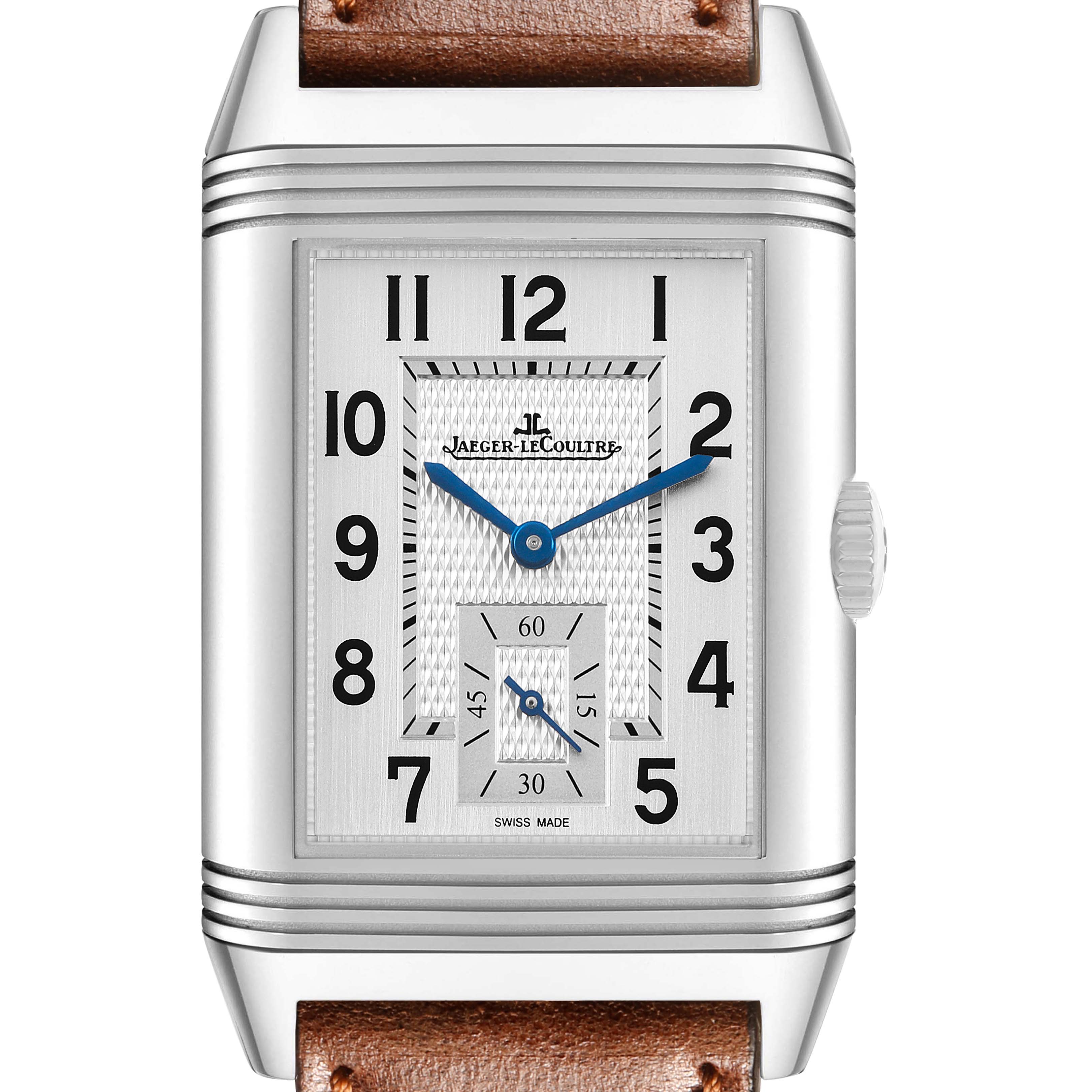 The Jaeger-LeCoultre Reverso watch is shown from a front angle, highlighting its face, numerals, and crown detail.
