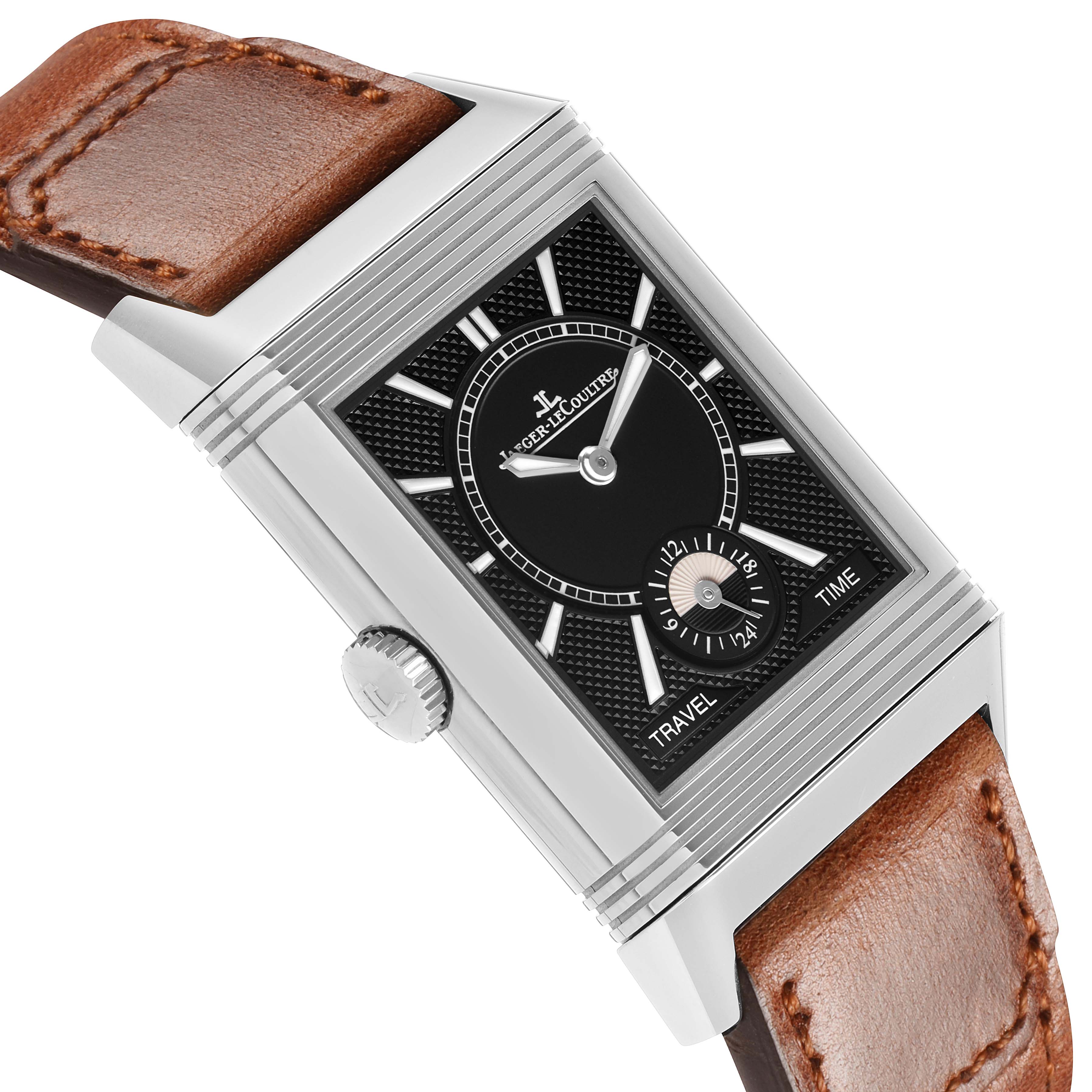 The Jaeger-LeCoultre Reverso model is shown at an angled view, displaying the face, crown, and leather strap.