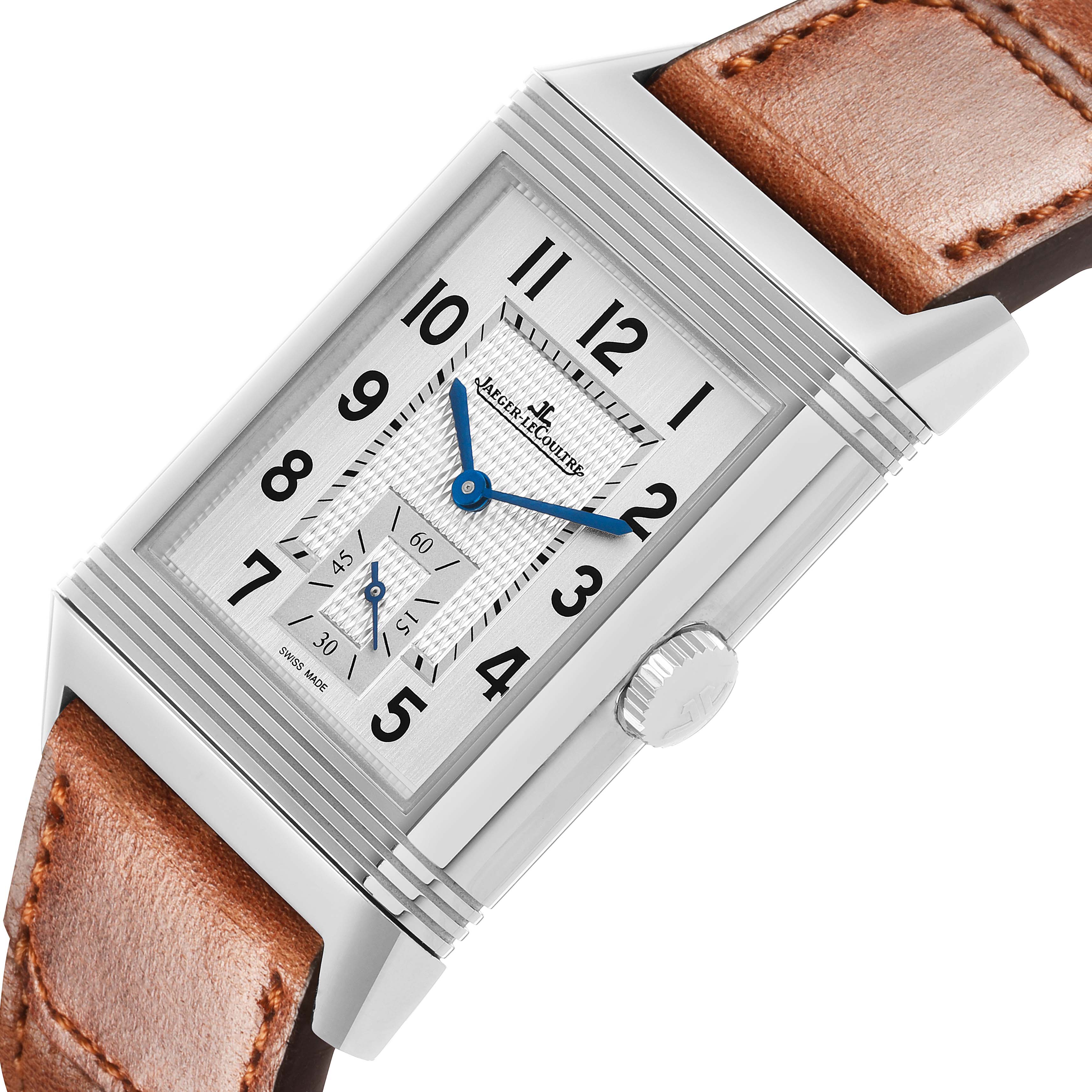 The Jaeger-LeCoultre Reverso watch is shown at an angled view highlighting the face, dial, crown, and leather strap.