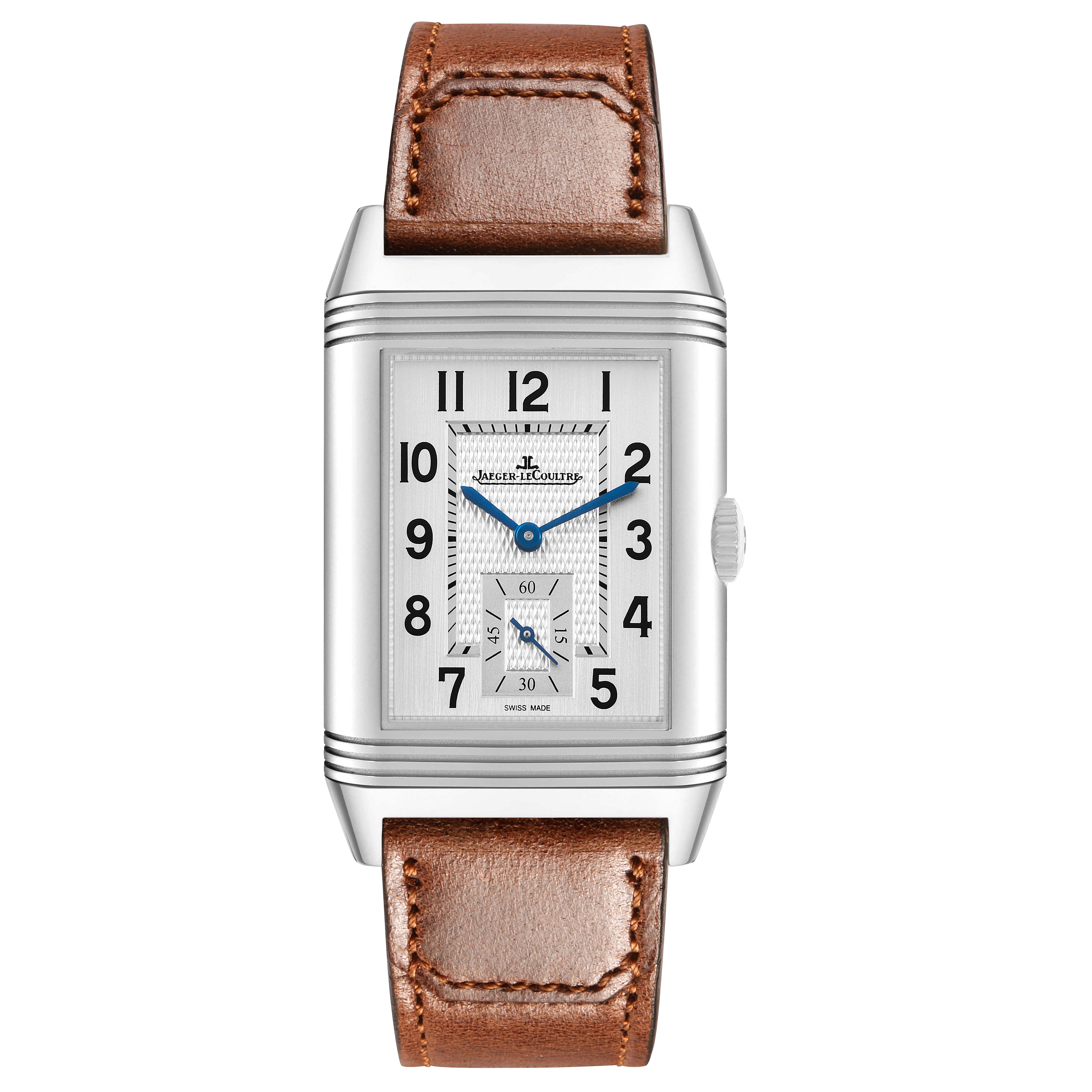 The Jaeger-LeCoultre Reverso watch is shown from the front, displaying the face, case, and brown leather strap.