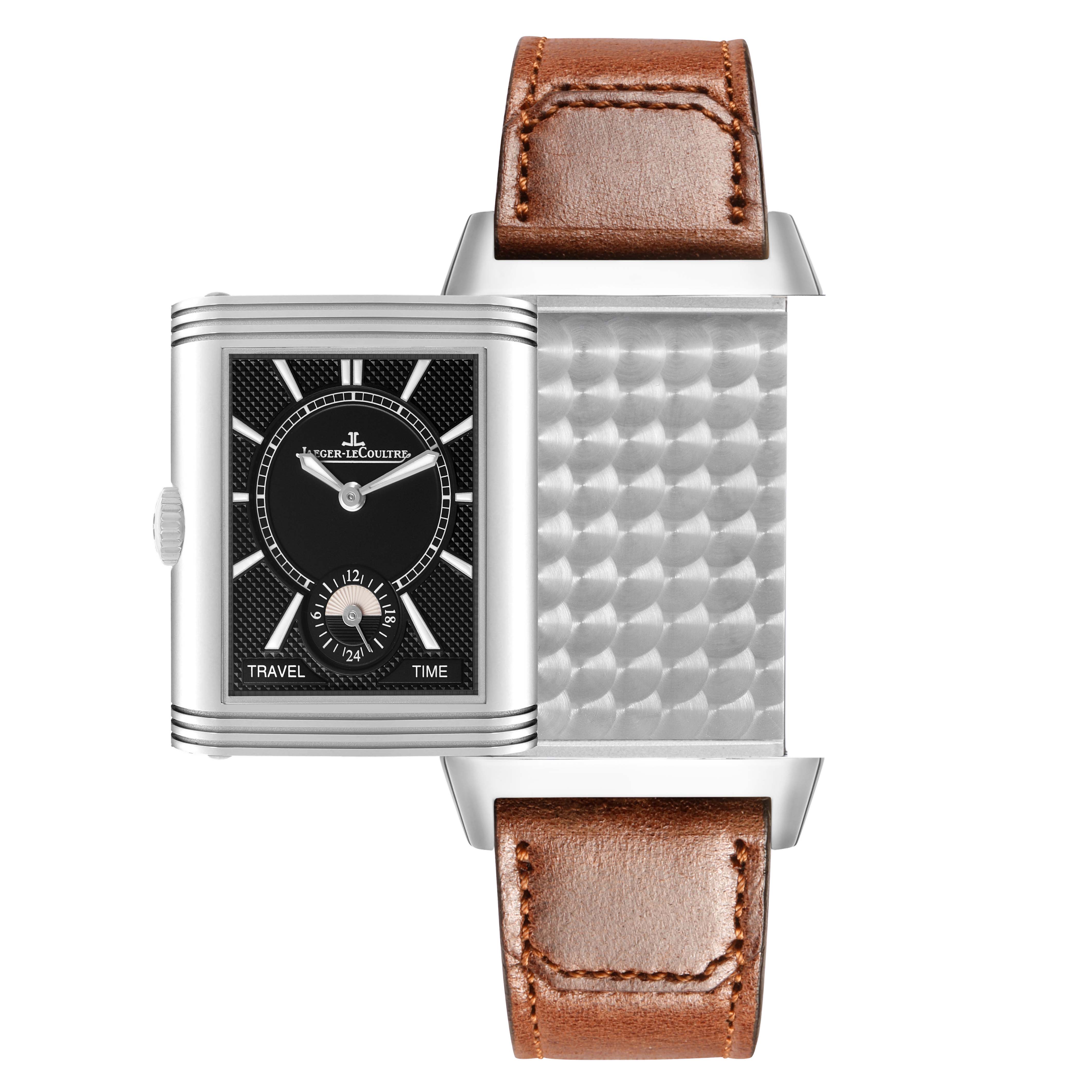 The image shows a Jaeger LeCoultre Reverso Q3848422 Men's Stainless Steel Silver Dial watch with the face flipped to reveal the back and both brown leather straps.